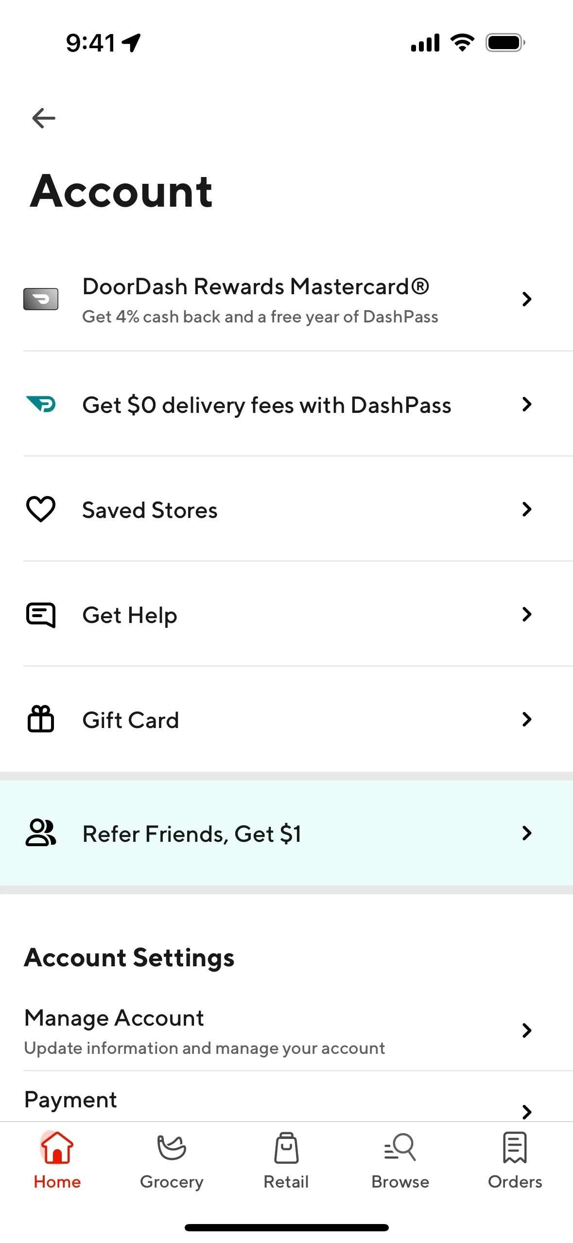 DoorDash Account menu with rows for DoorDash Rewards Mastercard, Get $0 delivery fees with DashPass, Saved Stores, Get Help, Gift Card, and Refer Friends