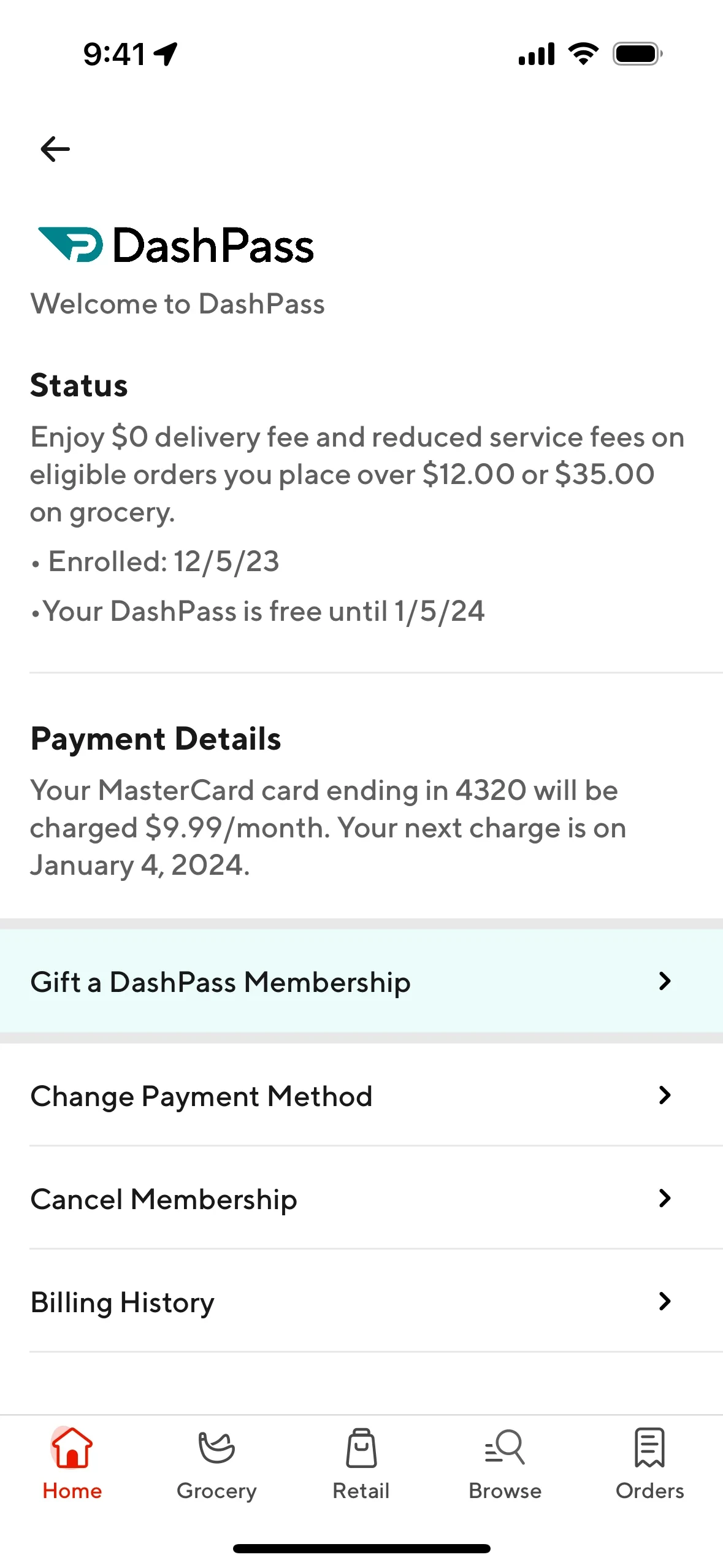 DashPass Manage page showing Welcome to DashPass, enrollment status, Payment Details with a monthly charge and next charge date, plus Gift a DashPass Membership, Change Payment Method, Cancel Membership, and Billing History rows