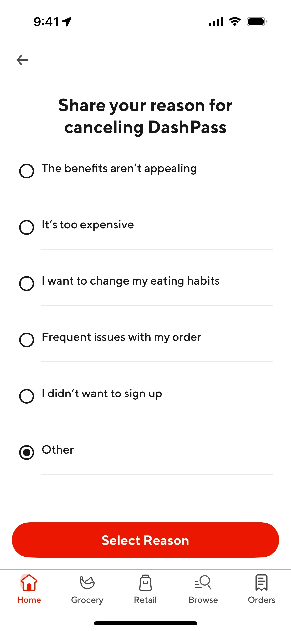 Share your reason for canceling DashPass screen with six radio options and Other selected, plus an active red Select Reason button
