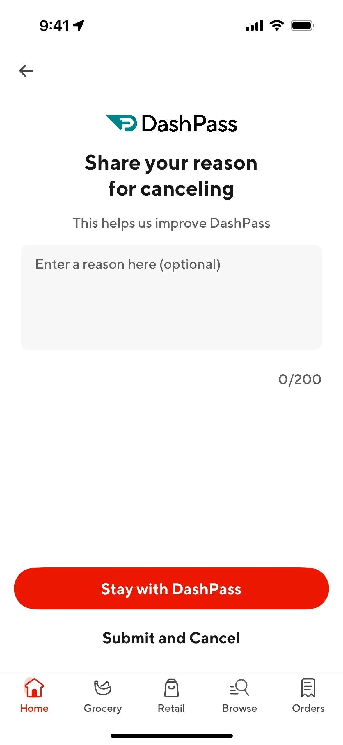DashPass optional feedback screen with Enter a reason here placeholder, a red Stay with DashPass button, and a Submit and Cancel text link underneath