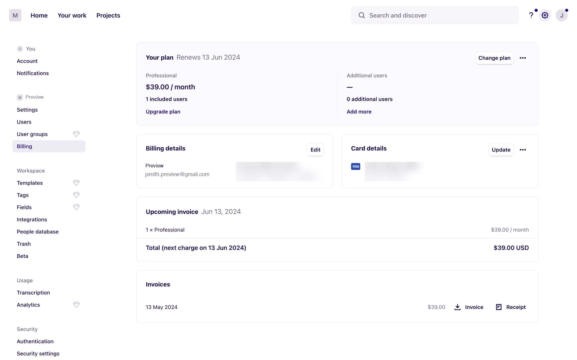 Dovetail Billing page showing a Professional plan at $39.00/month, renewal date, billing details, card details, and an upcoming invoice for $39.00 USD