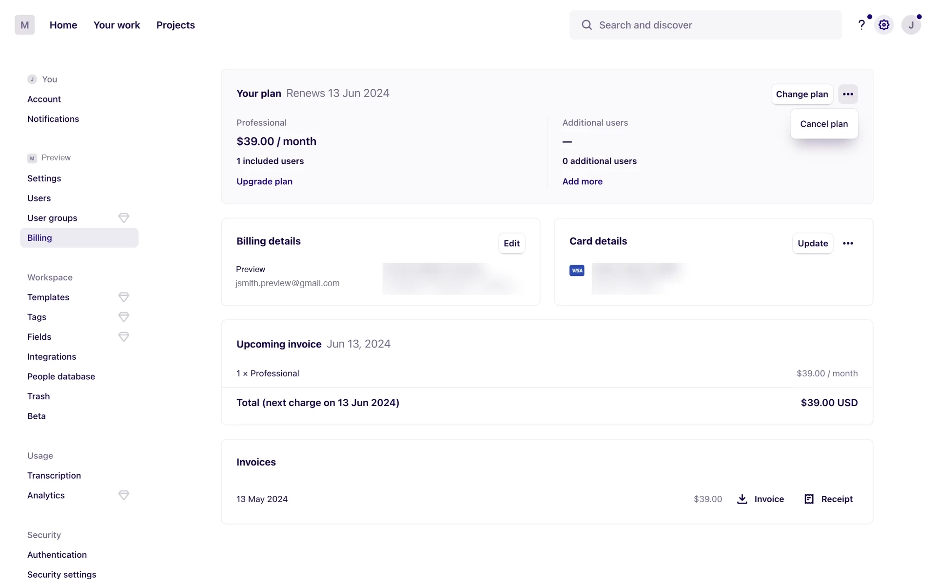 Dovetail Billing page with the three-dot menu expanded, showing the Cancel plan option below the Change plan button