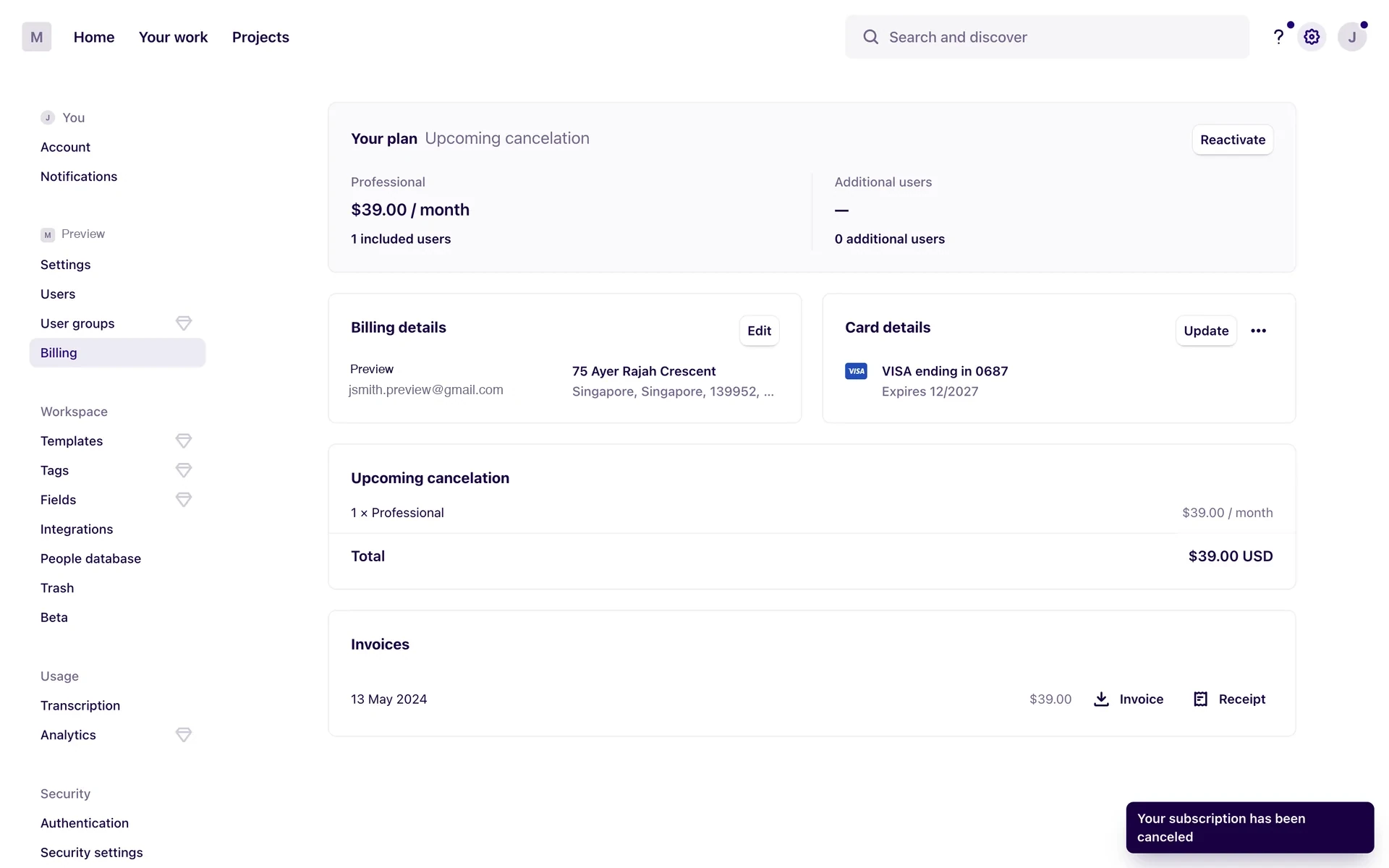 Dovetail Billing page showing "Your plan — Upcoming cancelation" with a Reactivate button, the upcoming cancelation amount of $39.00 USD, and a green toast notification reading "Your subscription has been canceled" in the bottom-right corner