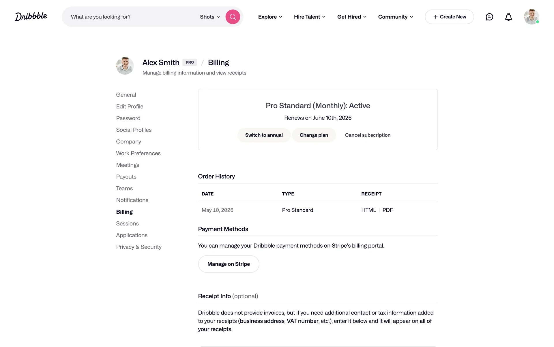Dribbble Billing page for a Pro account showing Pro Standard (Monthly): Active, a Renews on June 10th 2026 date, Switch to annual, Change plan, and Cancel subscription buttons, plus Order History and a Manage on Stripe payment button