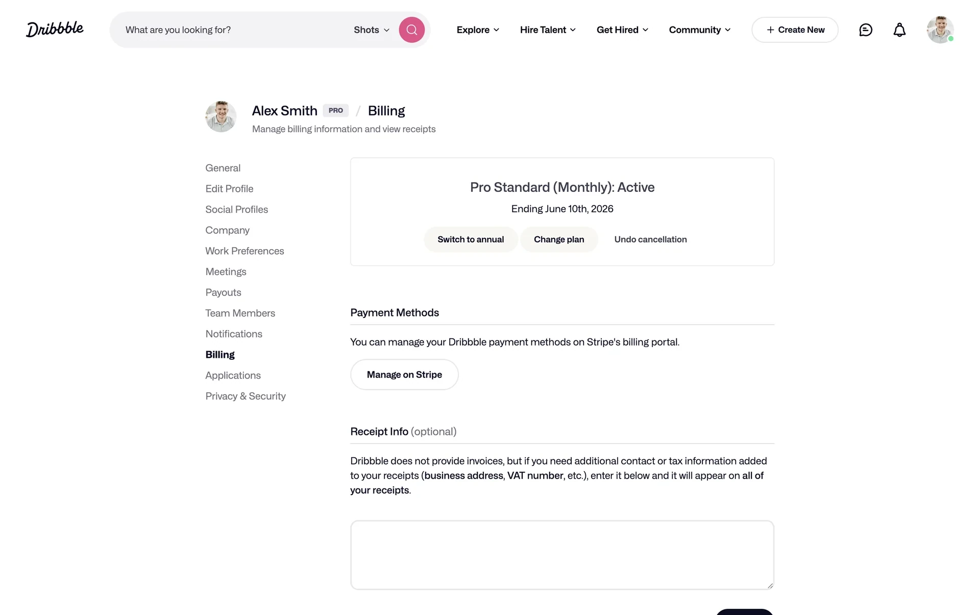 Dribbble Billing after cancel showing Pro Standard (Monthly): Active, Ending June 10th 2026 instead of Renews, plus Switch to annual, Change plan, and Undo cancellation