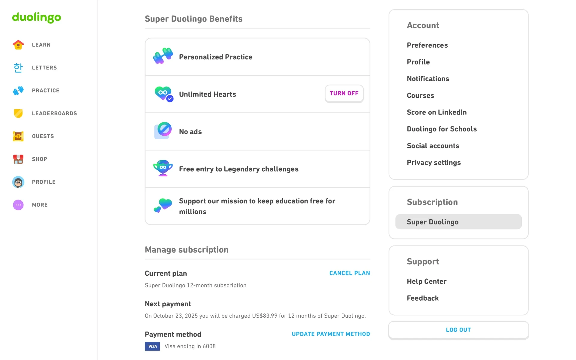 Duolingo Super settings page showing Super Duolingo benefits at the top, with a Manage subscription section below containing Current plan (Super Duolingo 12-month subscription), the CANCEL PLAN link, and the next payment date