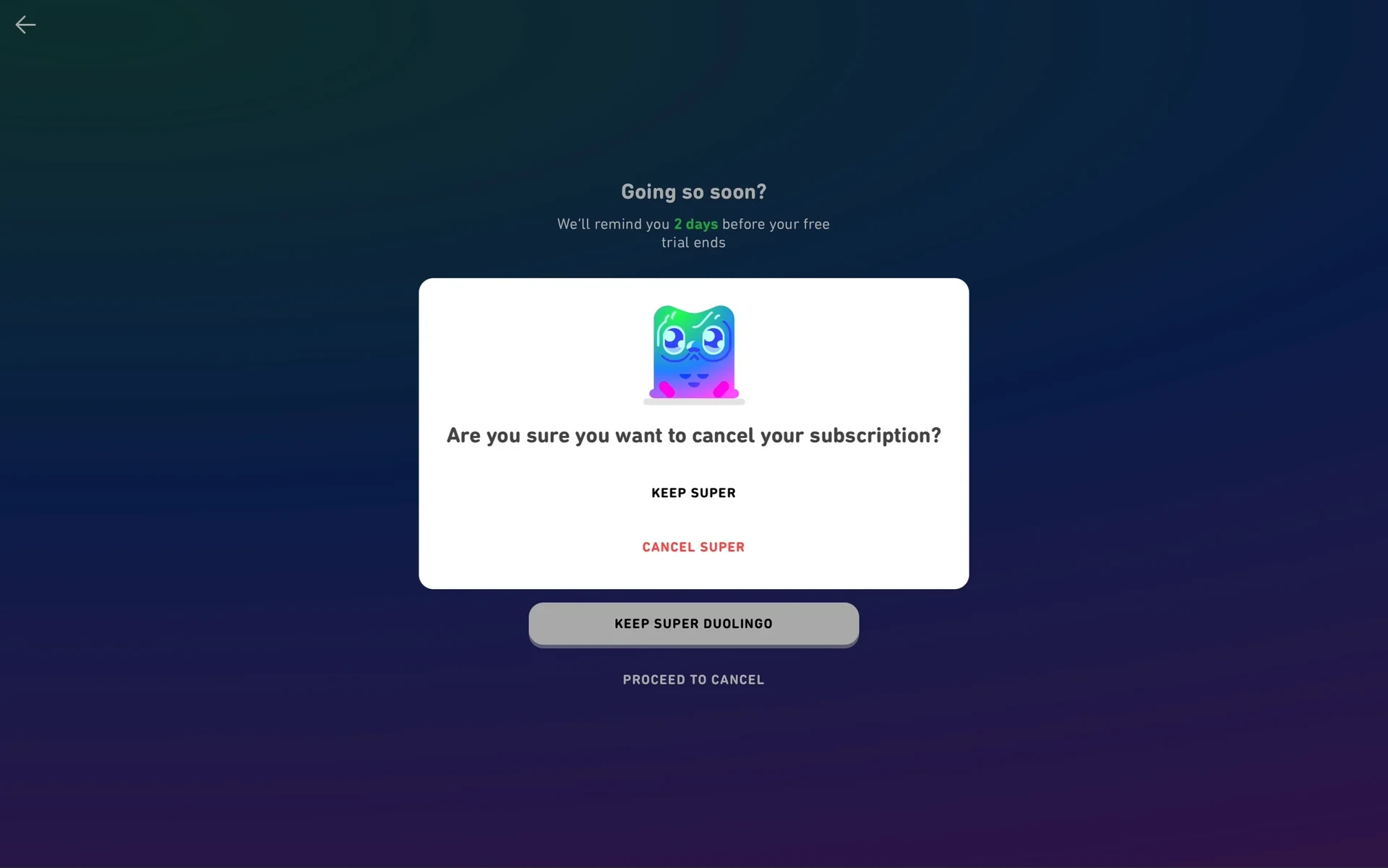 Duolingo final confirmation modal asking "Are you sure you want to cancel your subscription?" with a sad Duo character, a KEEP SUPER option, and a red CANCEL SUPER option below it