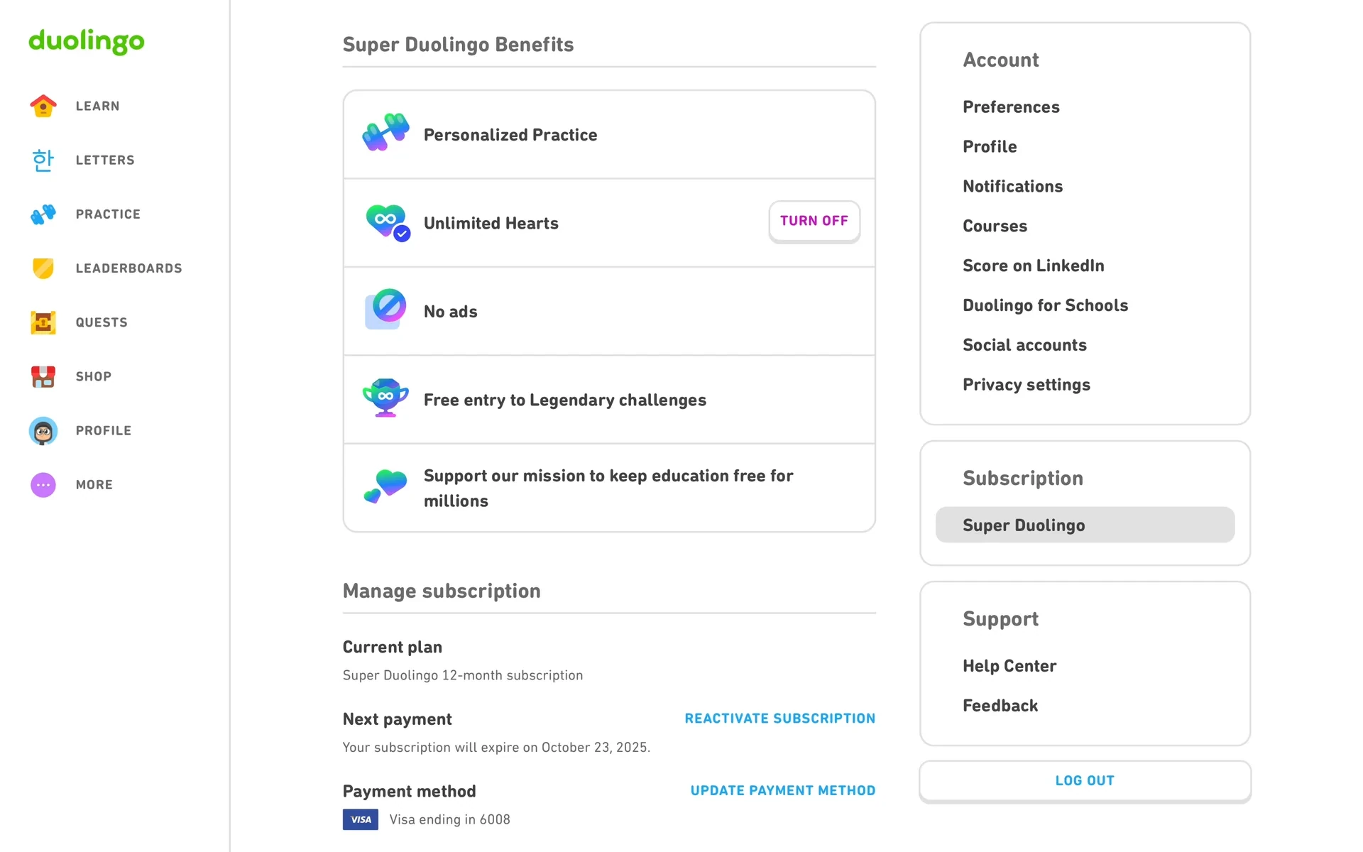 Duolingo Super settings page after cancellation, with REACTIVATE SUBSCRIPTION shown in place of CANCEL PLAN and the message "Your subscription will expire on October 23, 2025" in place of the next-payment line
