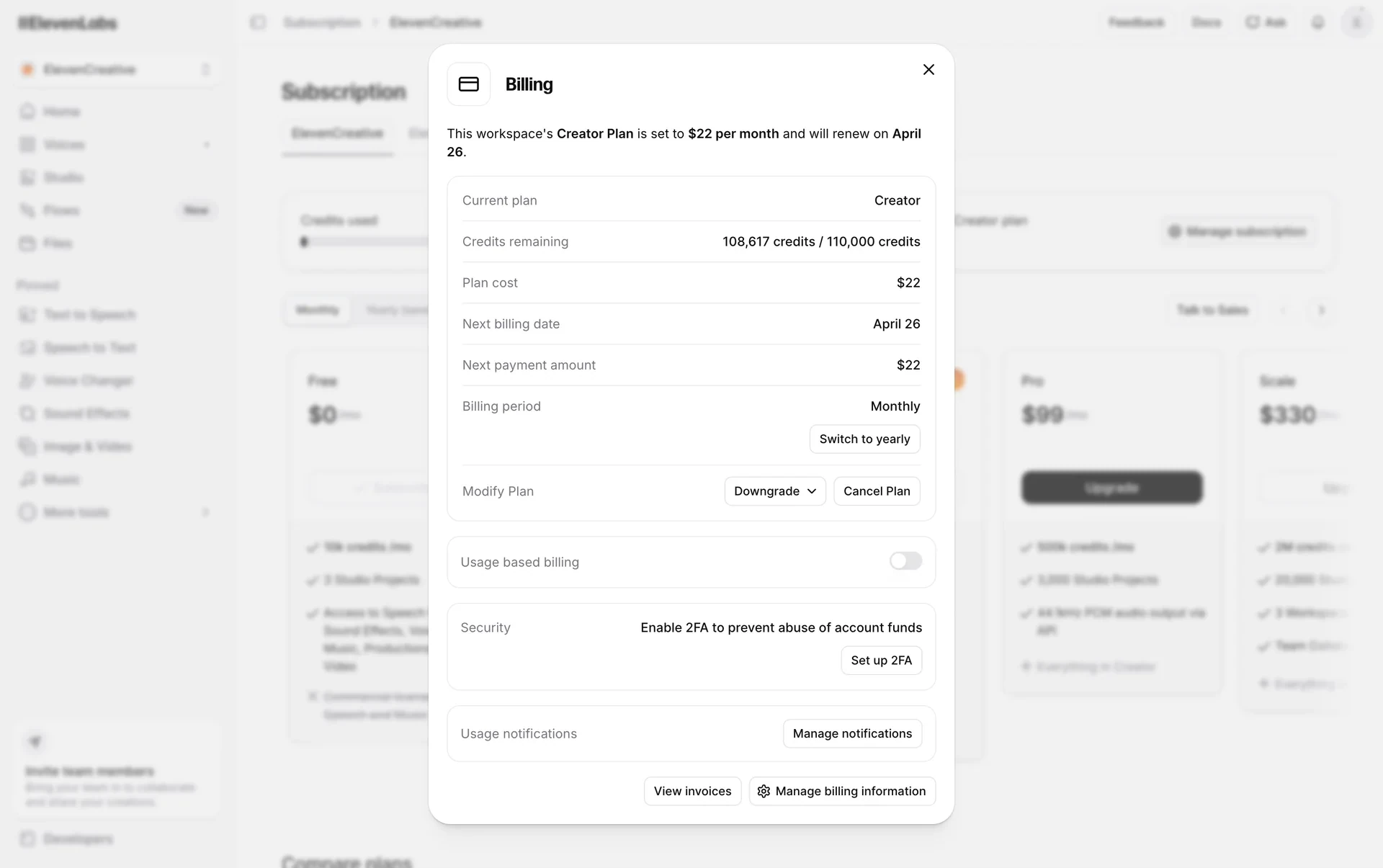 ElevenLabs Billing modal showing the Creator plan at $22 per month renewing April 26, credits remaining 108,617 / 110,000, billing period Monthly with a Switch to yearly button, and a Modify Plan row with Downgrade and Cancel Plan buttons