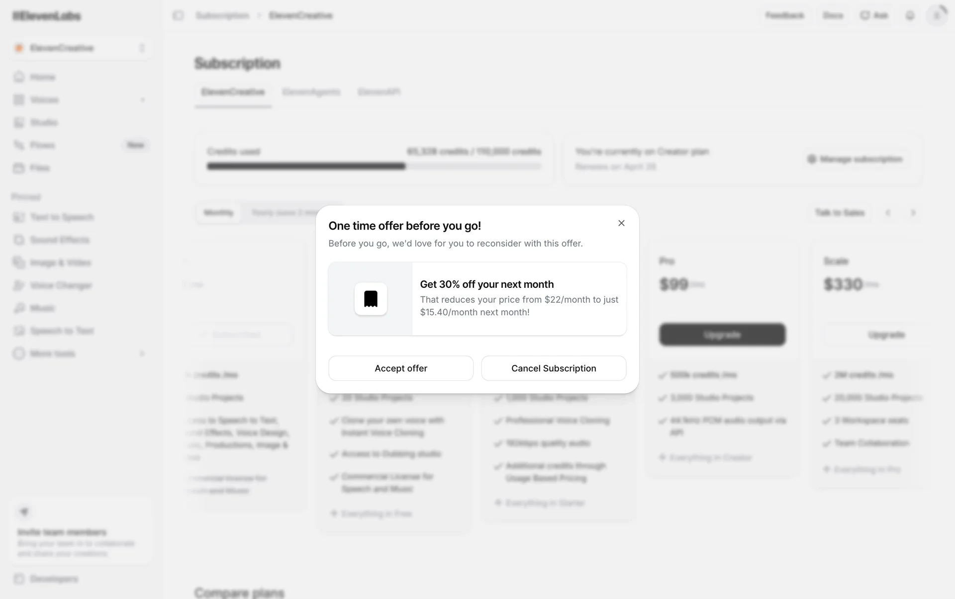 ElevenLabs "One time offer before you go!" modal offering 30% off next month, reducing the price from $22/month to $15.40/month, with Accept offer and Cancel Subscription buttons