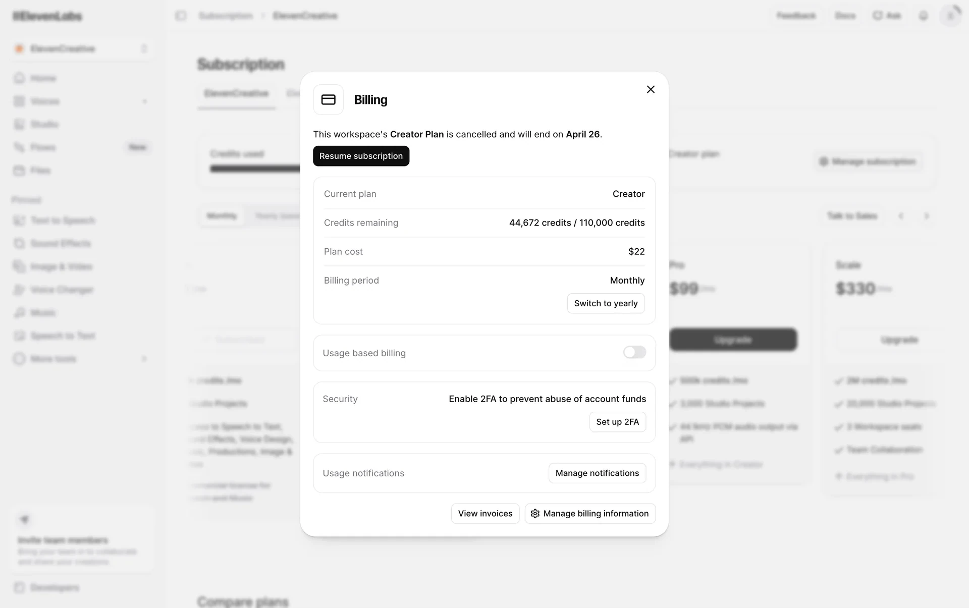 ElevenLabs Billing modal after cancellation reading "This workspace's Creator Plan is cancelled and will end on April 26" with a Resume subscription button above the plan details