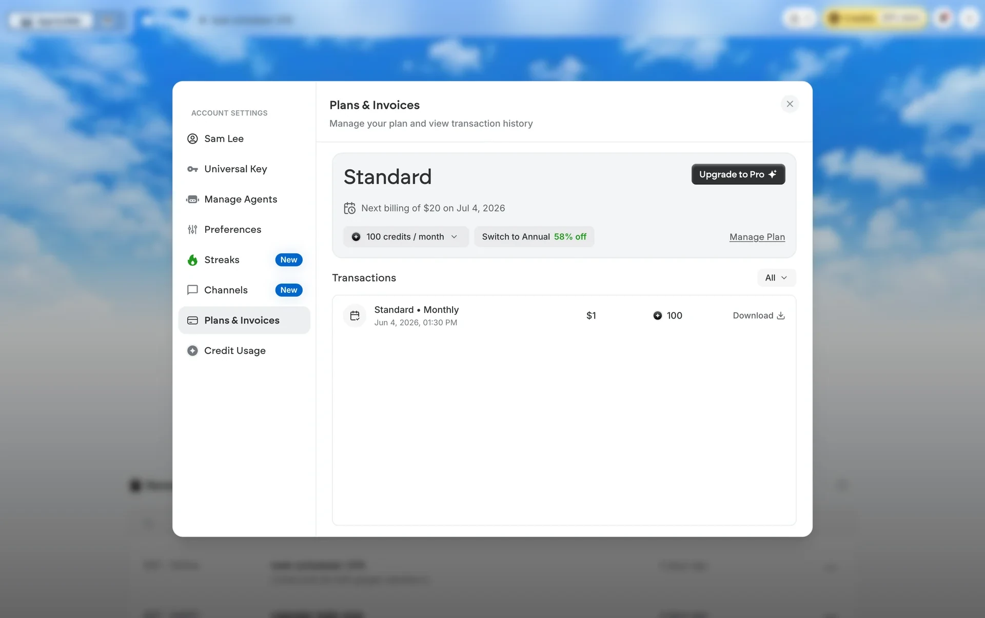 Emergent Account Settings on Plans & Invoices, showing a Standard plan, next billing of $20 on July 4, 2026, 100 credits / monthly, a Switch to Annual 58% off row, a Manage Plan button, and a Standard • Monthly transaction
