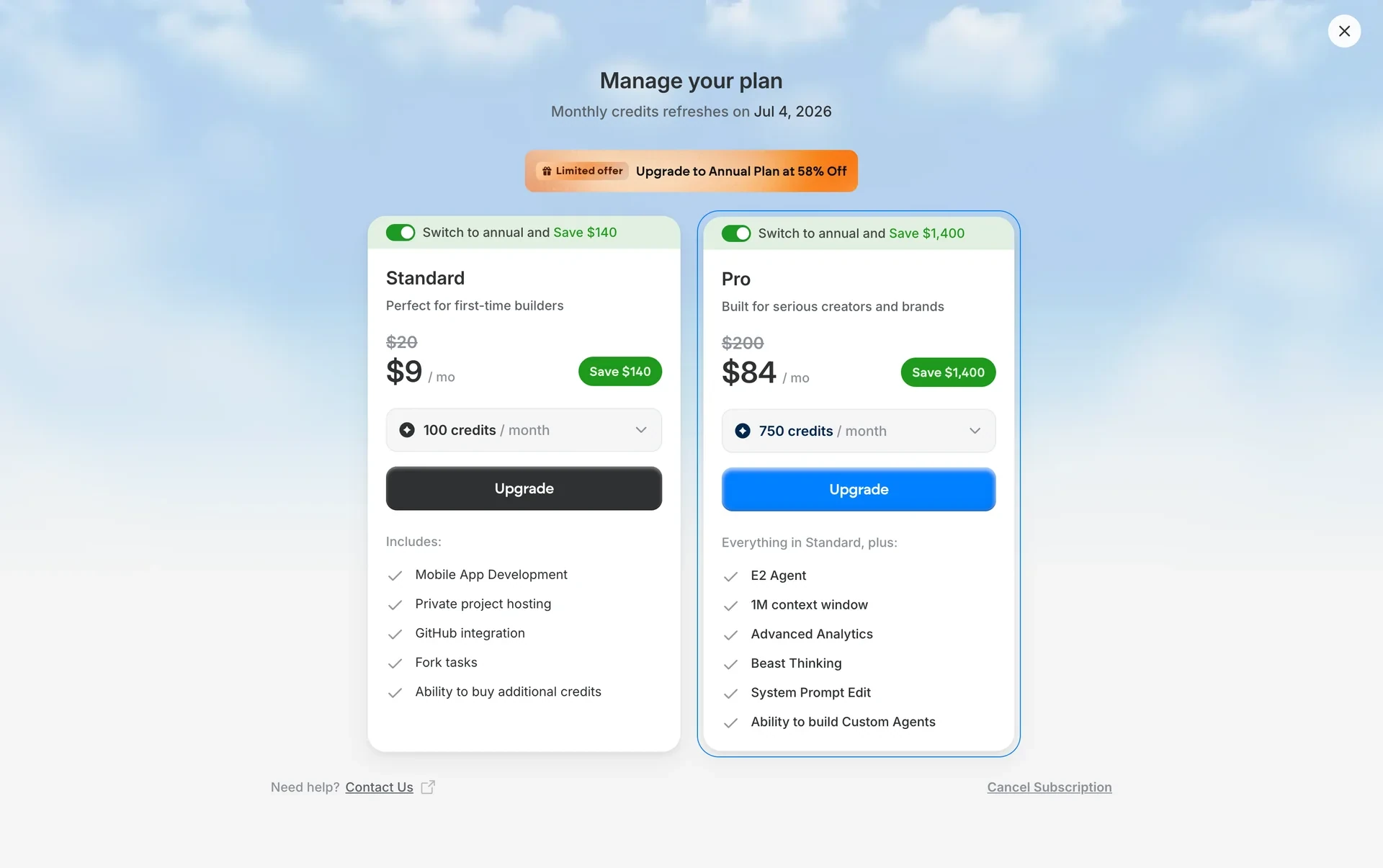 Manage your plan with Standard and Pro cards, a Limited offer banner to upgrade to an annual plan at 58% off, Upgrade buttons on both cards, Contact Us at the bottom left, and Cancel Subscription at the bottom right