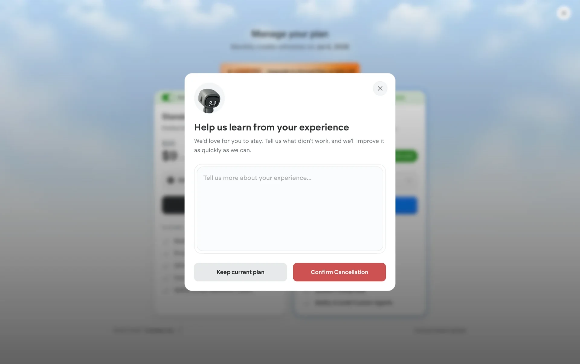 Help us learn from your experience dialog with an empty Tell us more about your experience text box, Keep current plan, and a red Confirm Cancellation button