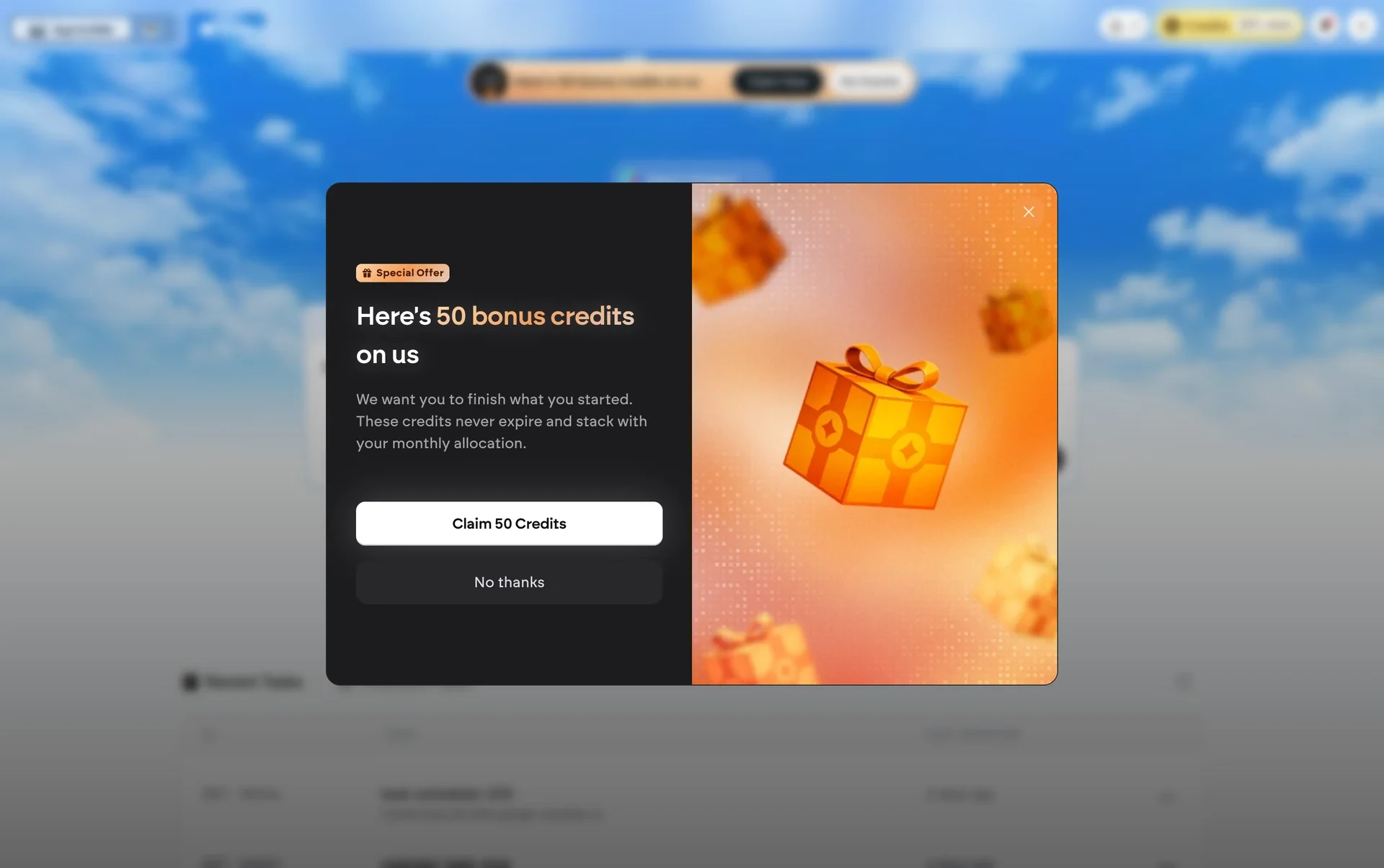 Special Offer split card headed Here's 50 bonus credits on us, with Claim 50 Credits and No thanks on the left and floating gift-box art on the right