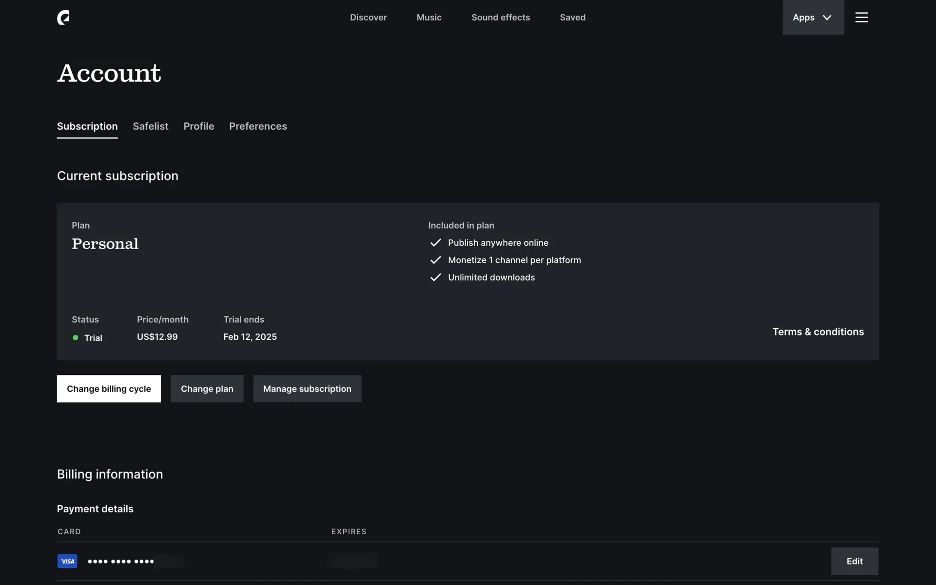 Epidemic Sound Account page on the Subscription tab, showing a plan labelled Personal with status Trial, price US$12.99 per month and a trial end date, plus Change billing cycle, Change plan and Manage subscription buttons