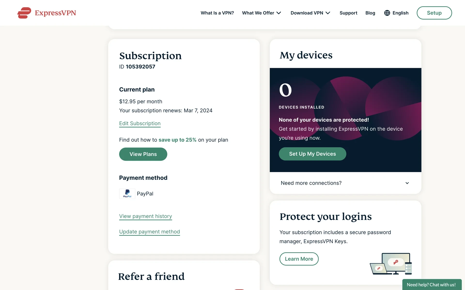 ExpressVPN My Account Subscription card showing the current plan, renewal date, and the Edit Subscription link above payment method and device sections