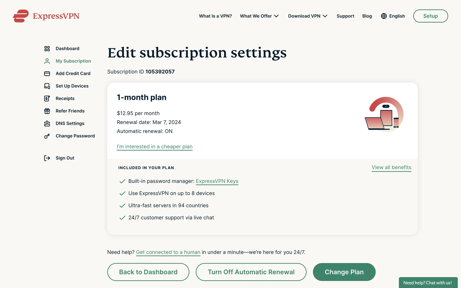 ExpressVPN Edit subscription settings page showing the 1-month plan at $12.95 per month with Automatic renewal: ON, and Back to Dashboard, Turn Off Automatic Renewal, and Change Plan buttons at the bottom
