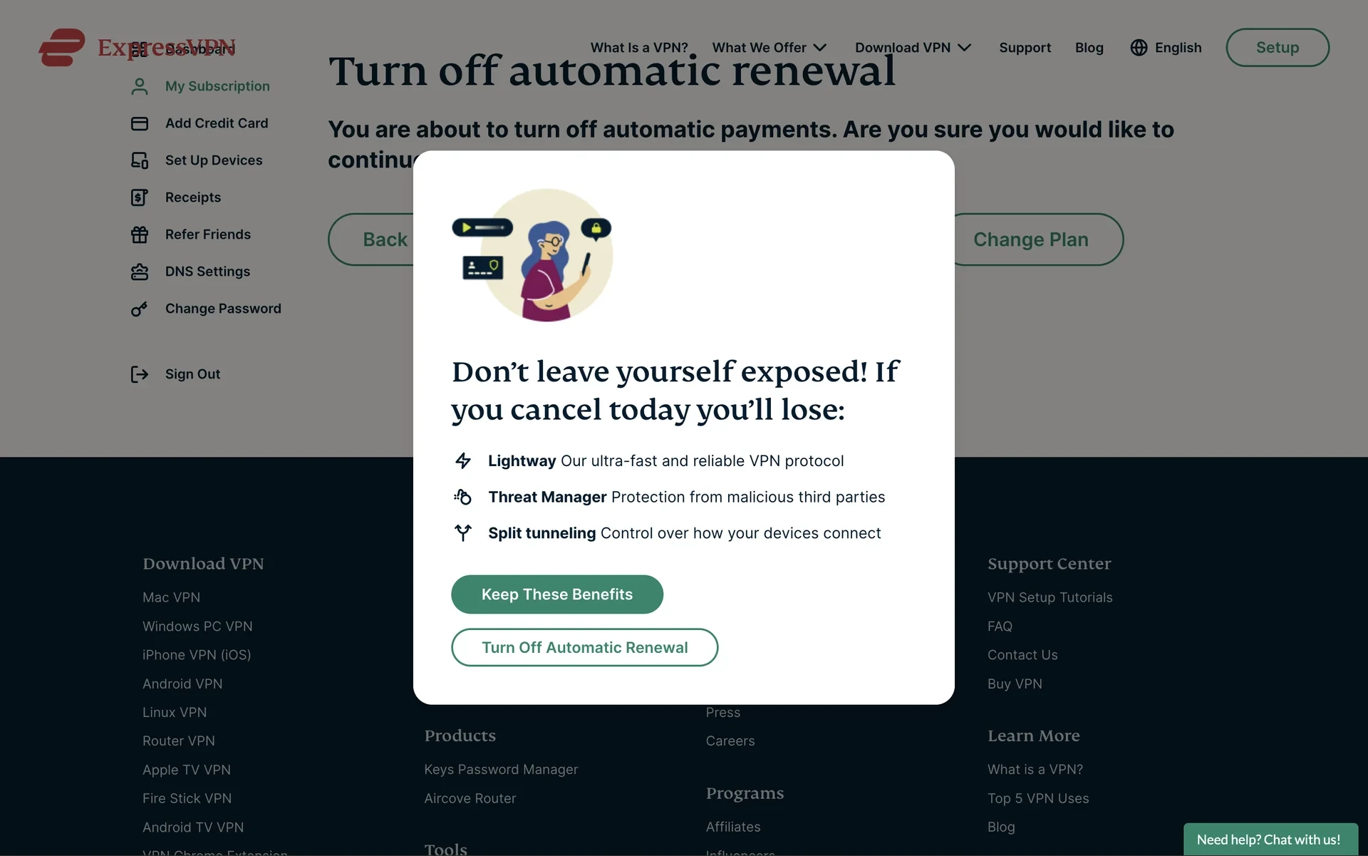 ExpressVPN save-offer modal reading "Don't leave yourself exposed! If you cancel today you'll lose:" with Lightway, Threat Manager, and Split tunneling bullets, plus a green Keep These Benefits button and a Turn Off Automatic Renewal button