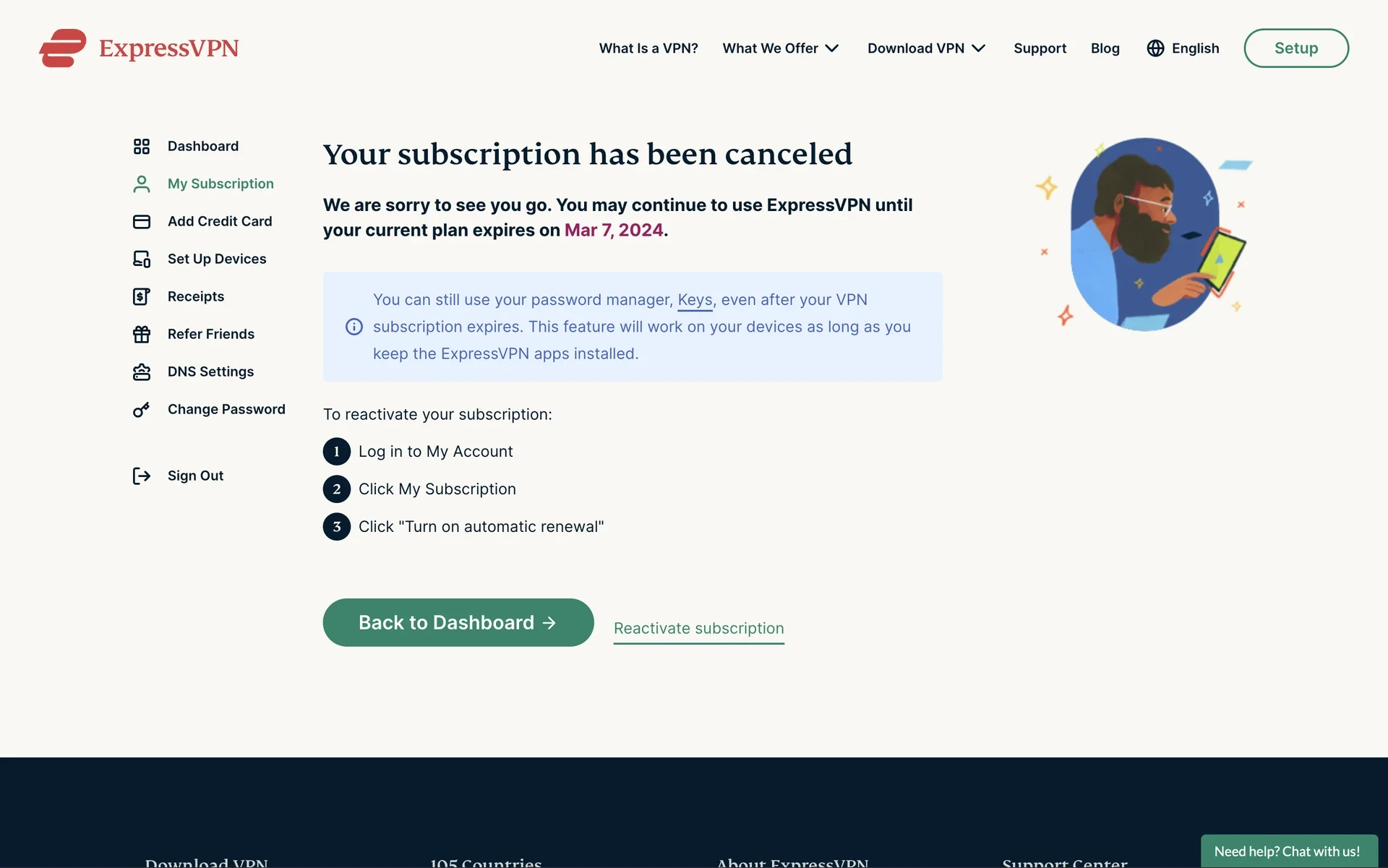 ExpressVPN cancellation confirmation page reading "Your subscription has been canceled. We are sorry to see you go. You may continue to use ExpressVPN until your current plan expires on Mar 7, 2024." with a Reactivate subscription link