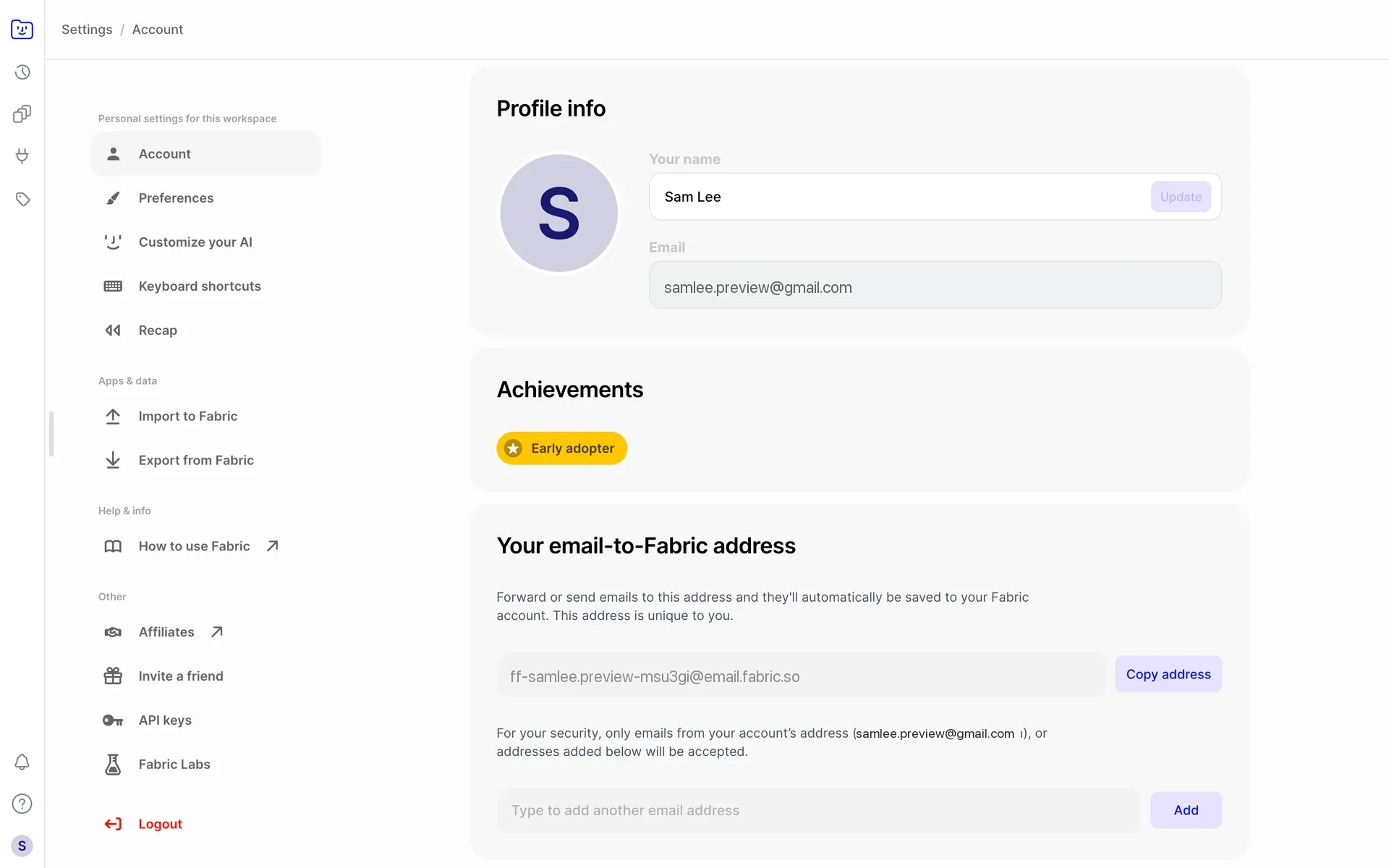 Fabric Settings → Account page with the left sidebar showing Account, Preferences, Customize your AI, and other options, and Profile info on the right