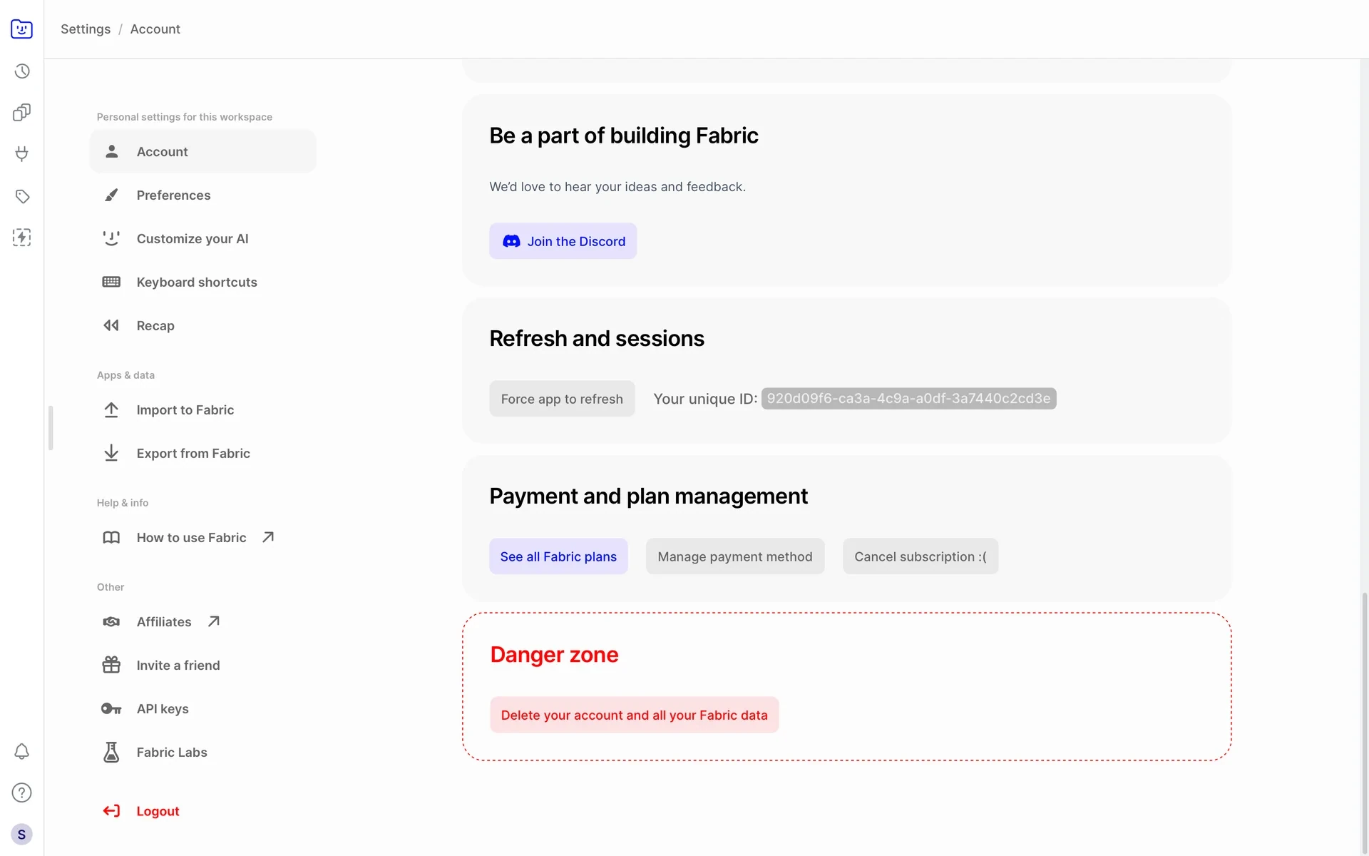 Fabric Account page showing the Payment and plan management section with See all Fabric plans, Manage payment method, and Cancel subscription buttons, plus a red Danger zone below