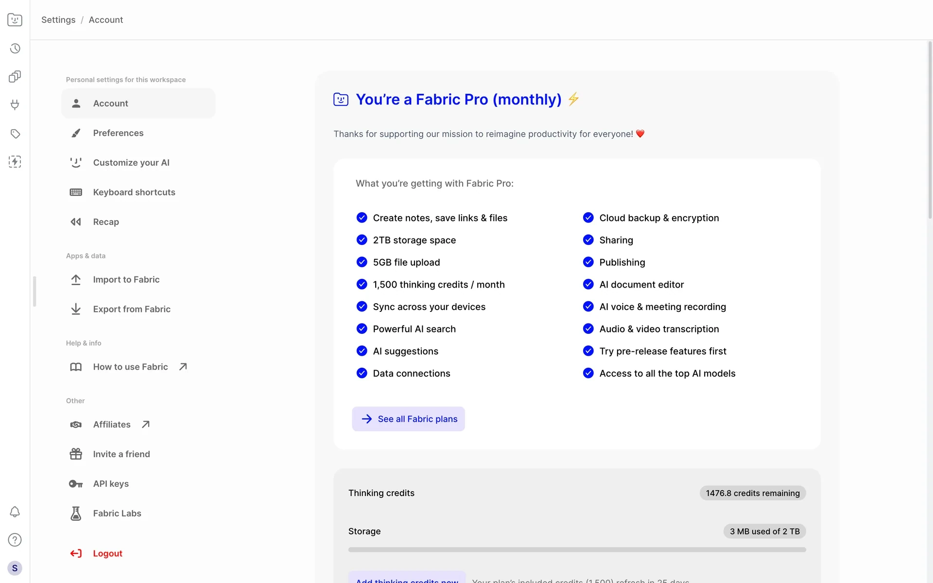 Fabric Account header reading "You're a Fabric Pro (monthly)" with a checklist of included Pro features and a See all Fabric plans button
