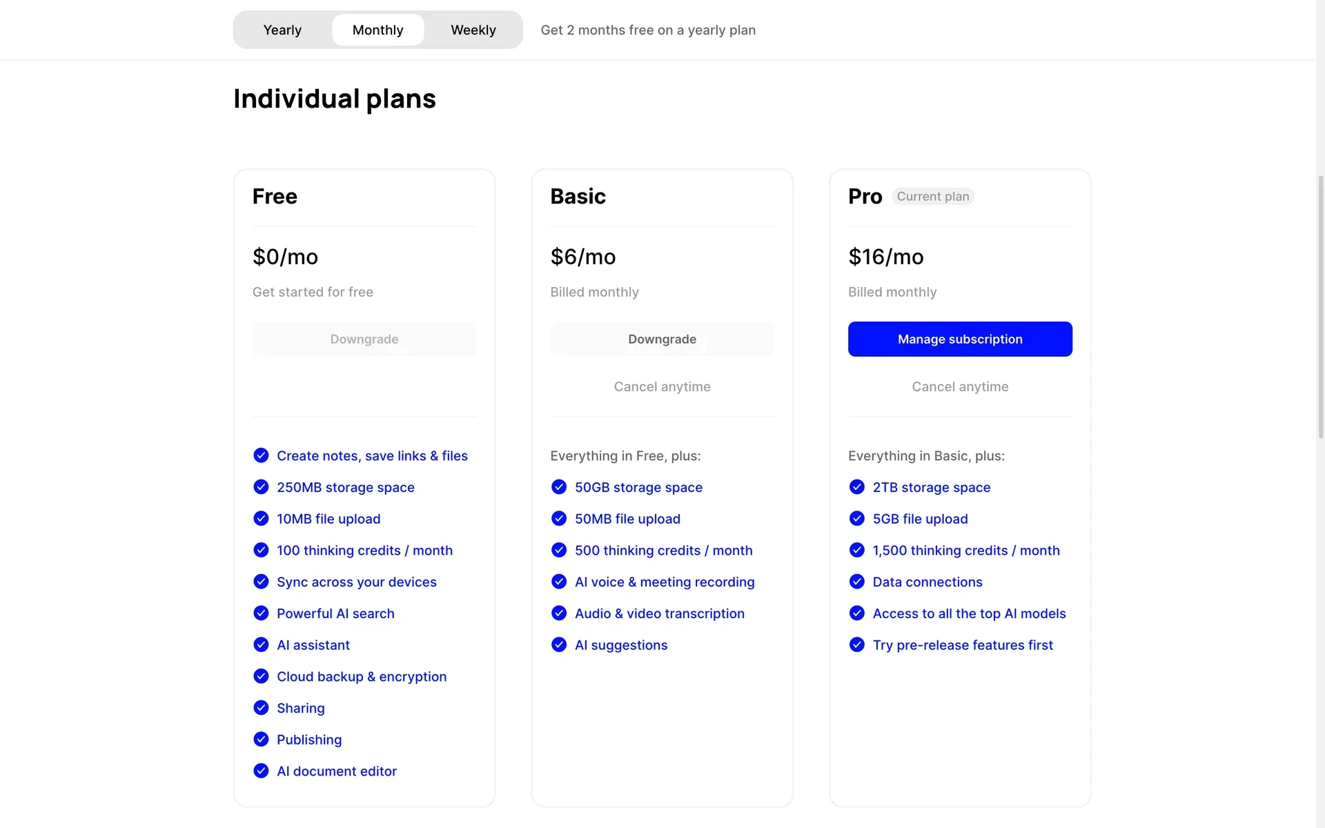 Fabric Individual plans page on the Monthly tab showing Free $0/mo, Basic $6/mo, and Pro $16/mo with a Manage subscription button and Cancel anytime link on the current plan