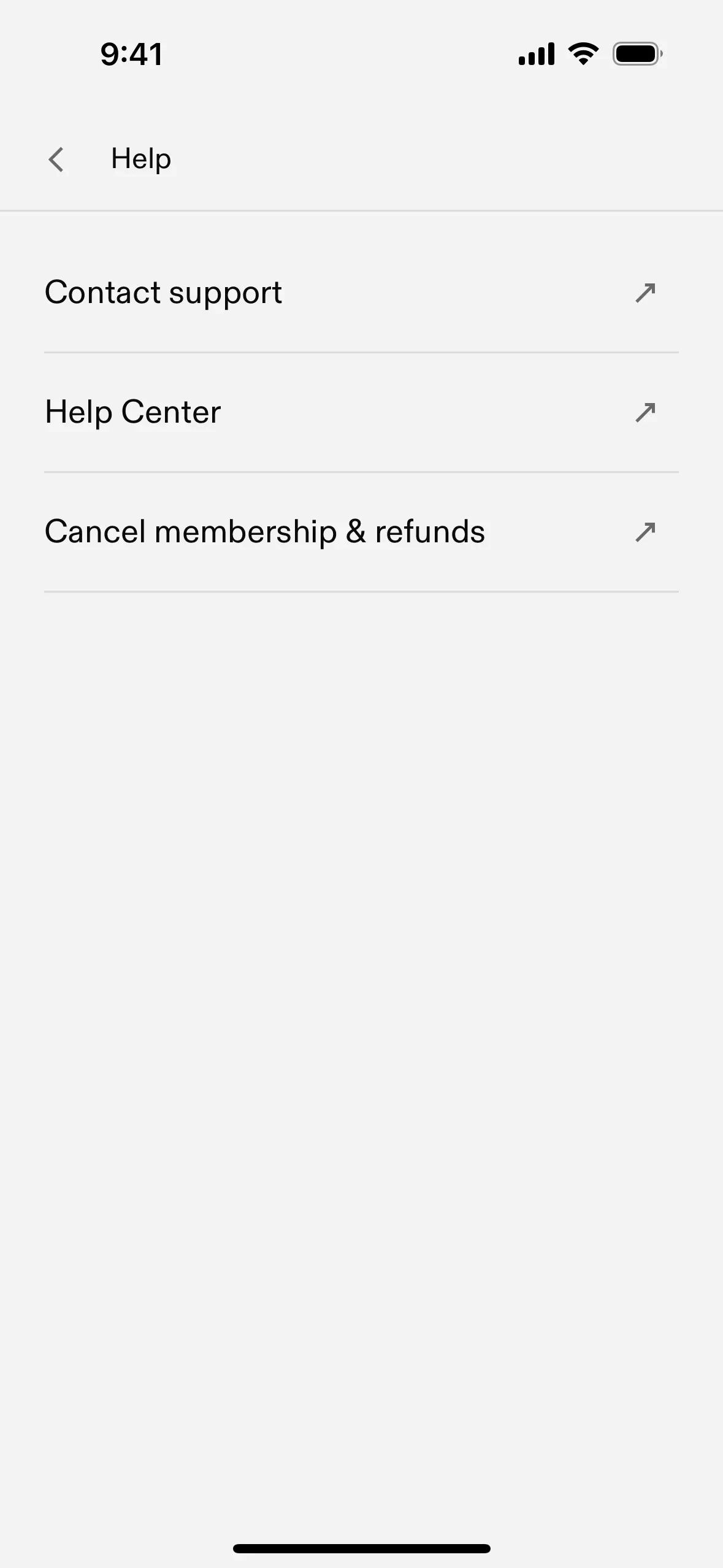 Feeld in-app Help screen listing Contact support, Help Center, and Cancel membership & refunds, each row marked with a diagonal external-link arrow