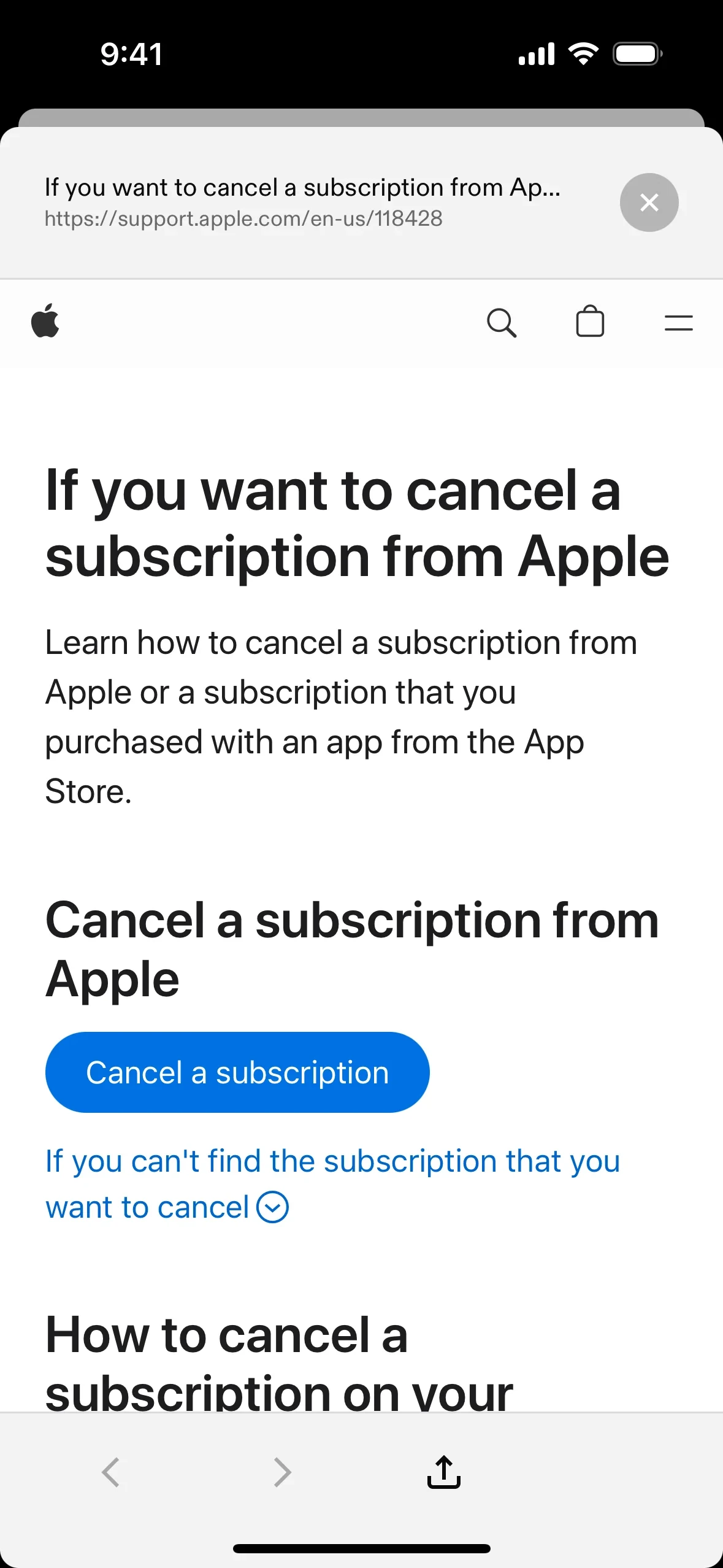 Apple support article titled If you want to cancel a subscription from Apple, opened in an in-app browser at support.apple.com/en-us/118428, with a blue Cancel a subscription button