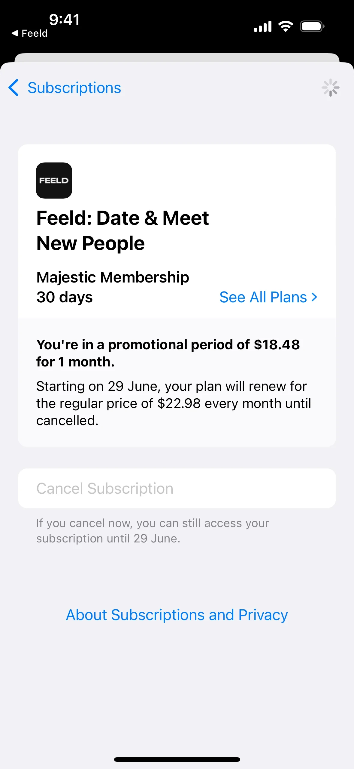 App Store subscription sheet for Feeld: Date & Meet New People showing Majestic Membership 30 days, a promotional-period notice reading "You're in a promotional period of $18.48 for 1 month" that will renew at the regular price of $22.98 every month, and a Cancel Subscription button