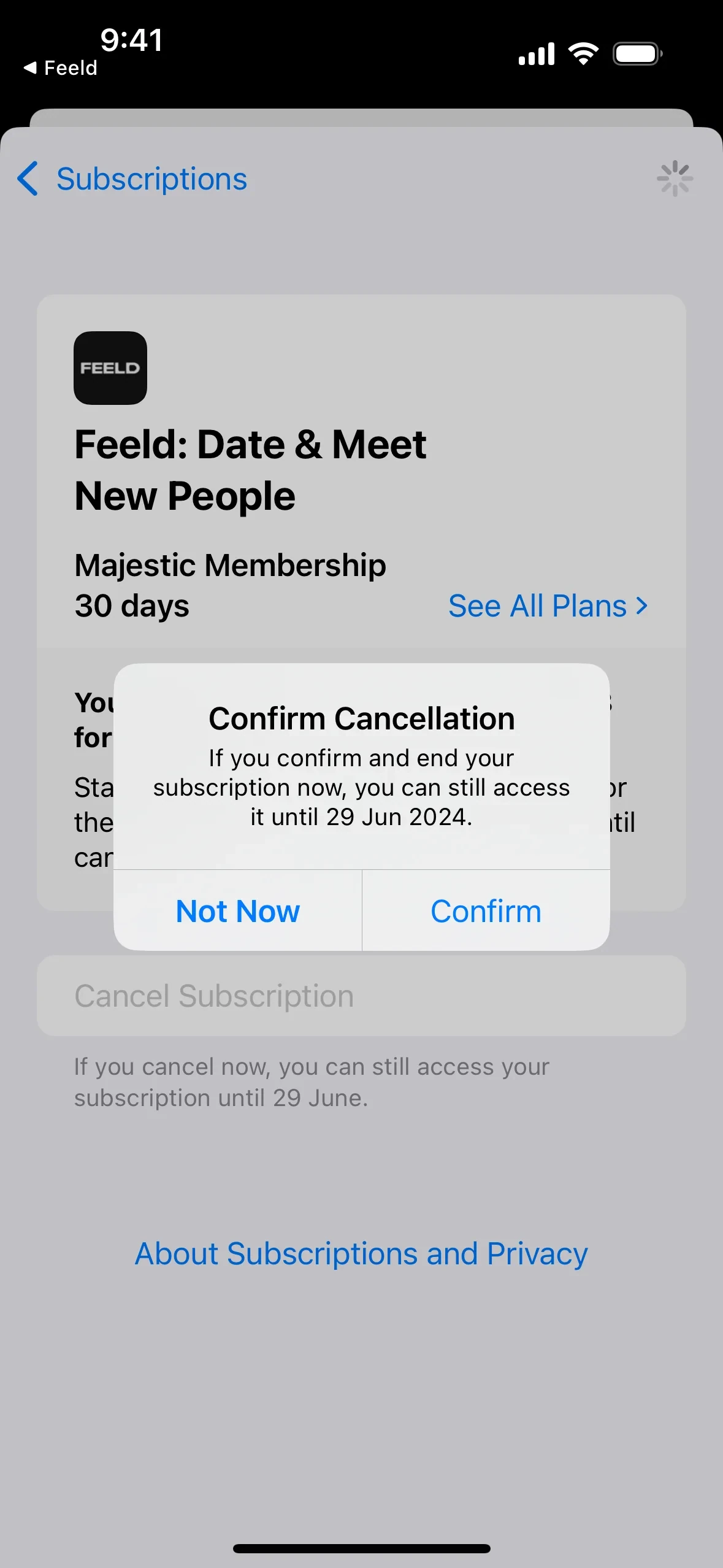 Confirm Cancellation dialog over the Feeld subscription sheet, stating you can still access the subscription until the expiry date, with Not Now and Confirm buttons