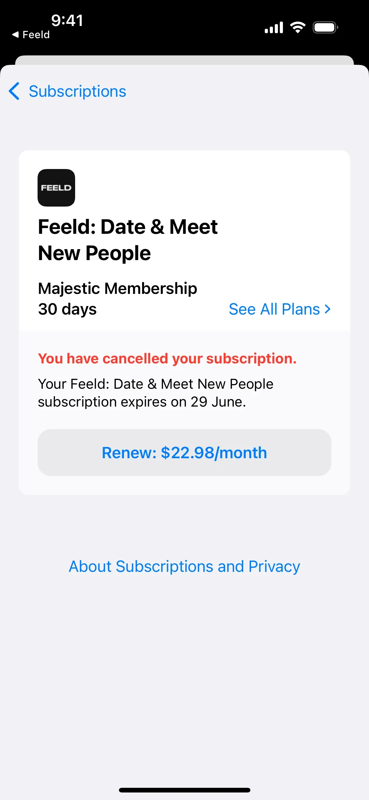 Feeld subscription sheet showing the red confirmation "You have cancelled your subscription", the expiry date, and a Renew button showing the regular monthly price
