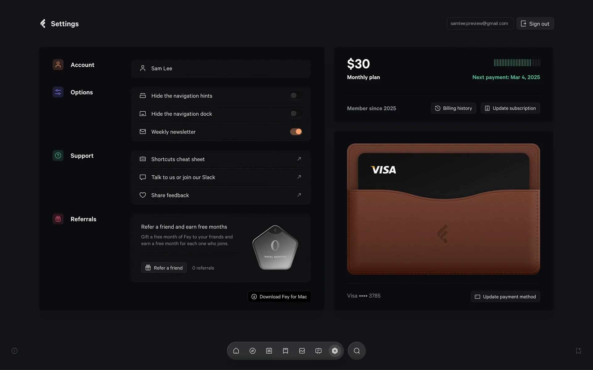 Fey Settings page; the subscription card on the right shows a $30 Monthly plan with "Next payment: Mar 4, 2025" in green, a Billing history link, and an Update subscription button