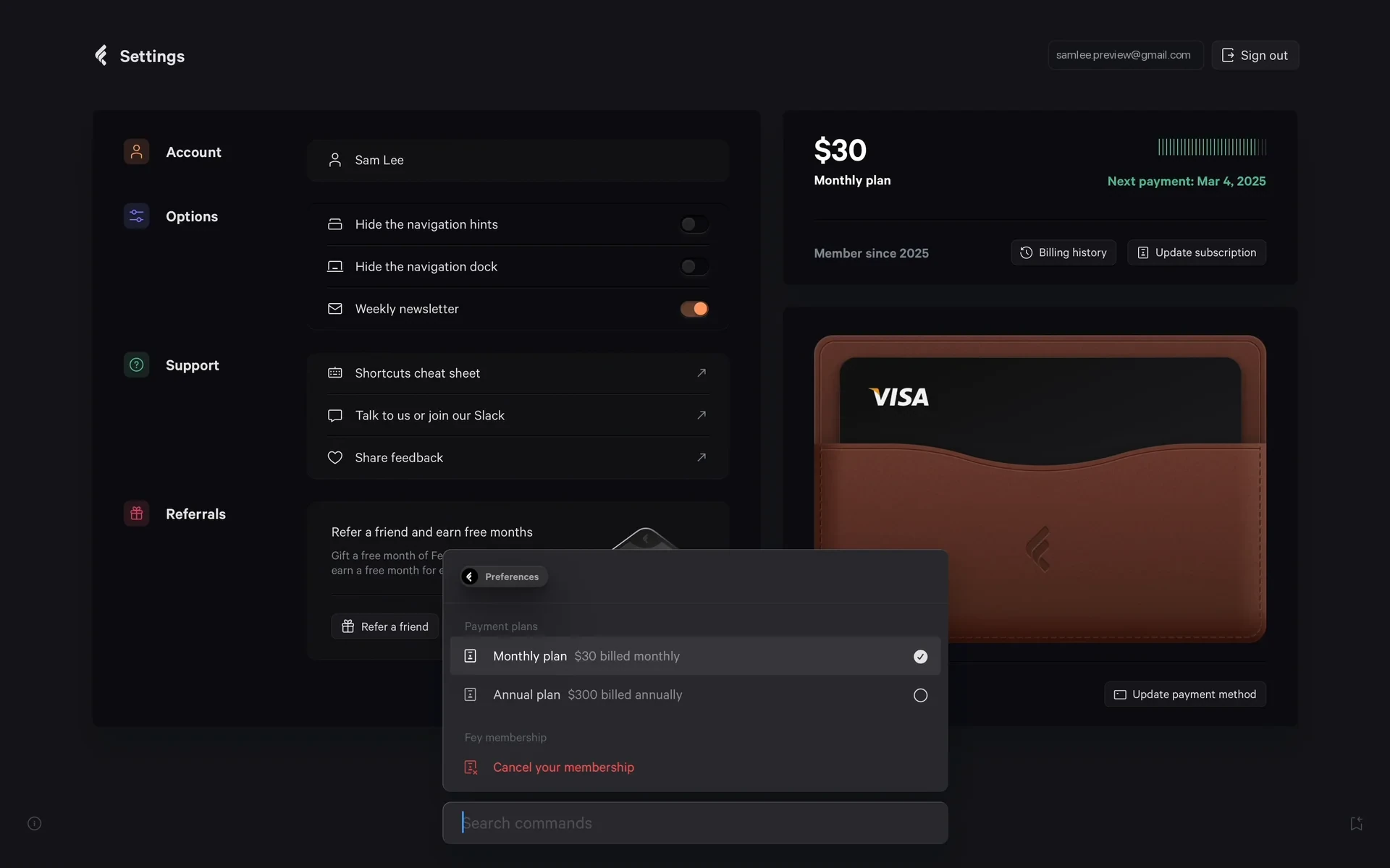 Fey Preferences popover showing Payment plans — "Monthly plan $30 billed monthly" selected and "Annual plan $300 billed annually" — and a red "Cancel your membership" link under the Fey membership heading