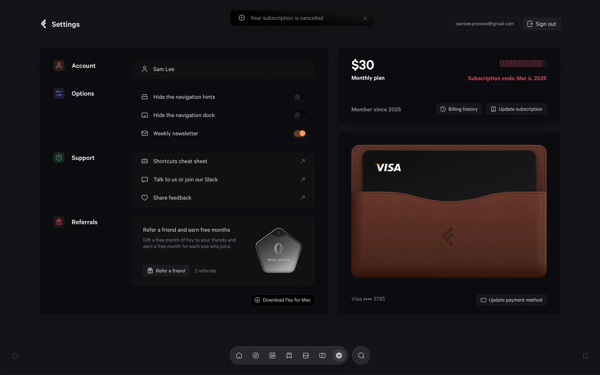 Fey Settings after cancelling: a "Your subscription is cancelled" toast at the top and the subscription card now reading "Subscription ends: Mar 4, 2025" in red instead of the earlier green "Next payment"