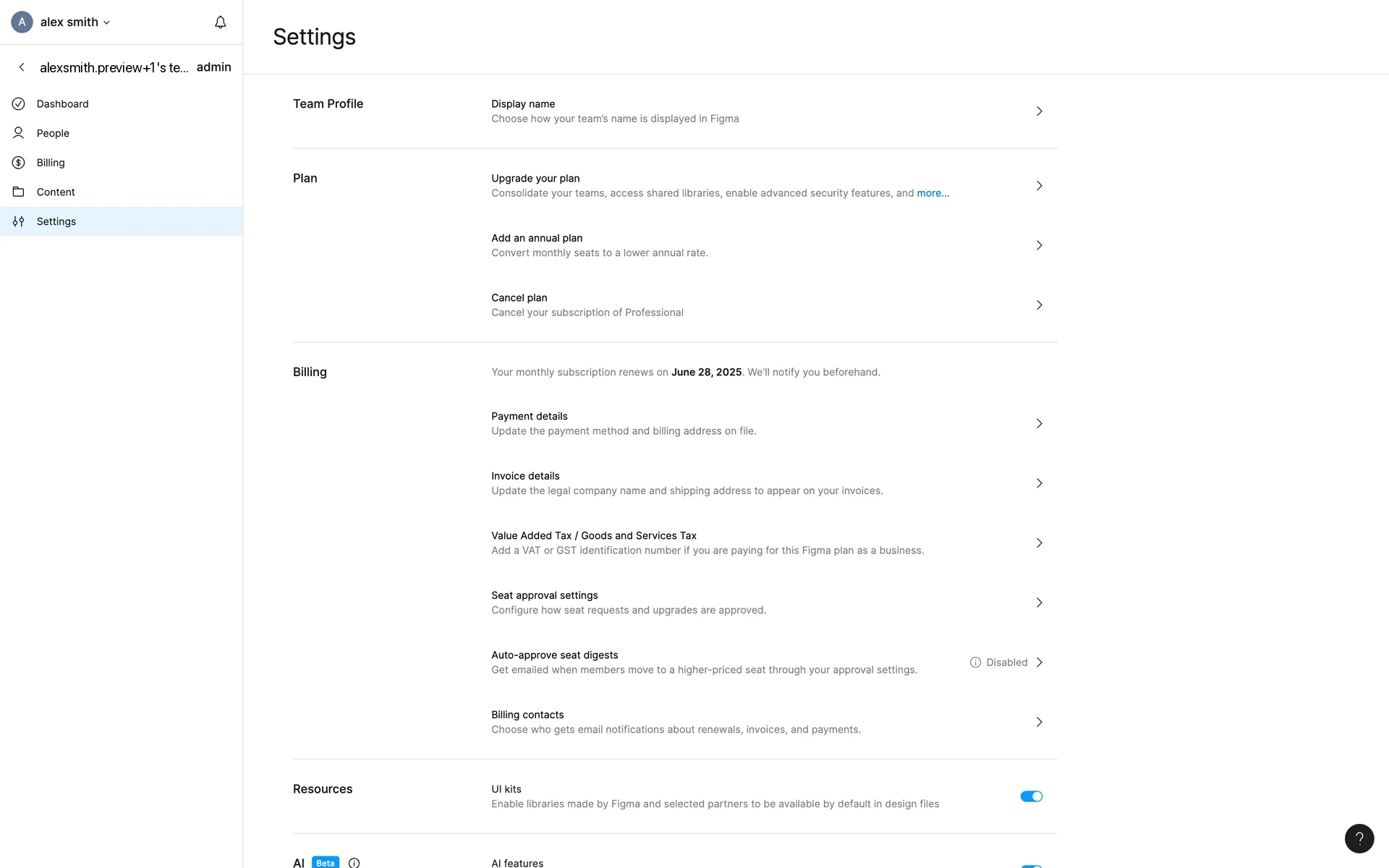 Figma team Settings page showing the Plan section with Upgrade your plan, Add an annual plan, and a Cancel plan row reading "Cancel your subscription of Professional"