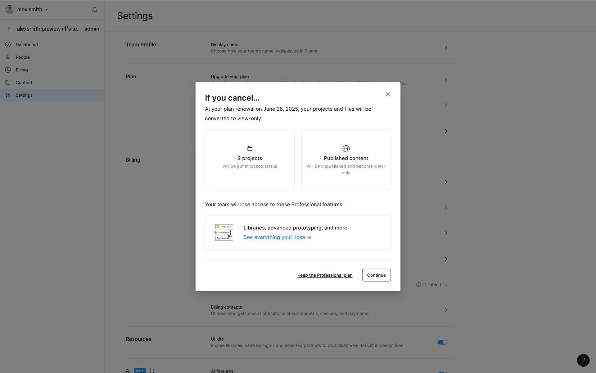 Figma "If you cancel…" modal explaining that at the plan renewal date projects will be put in locked status and published content will be unpublished and become view-only, with Keep the Professional plan and Continue buttons