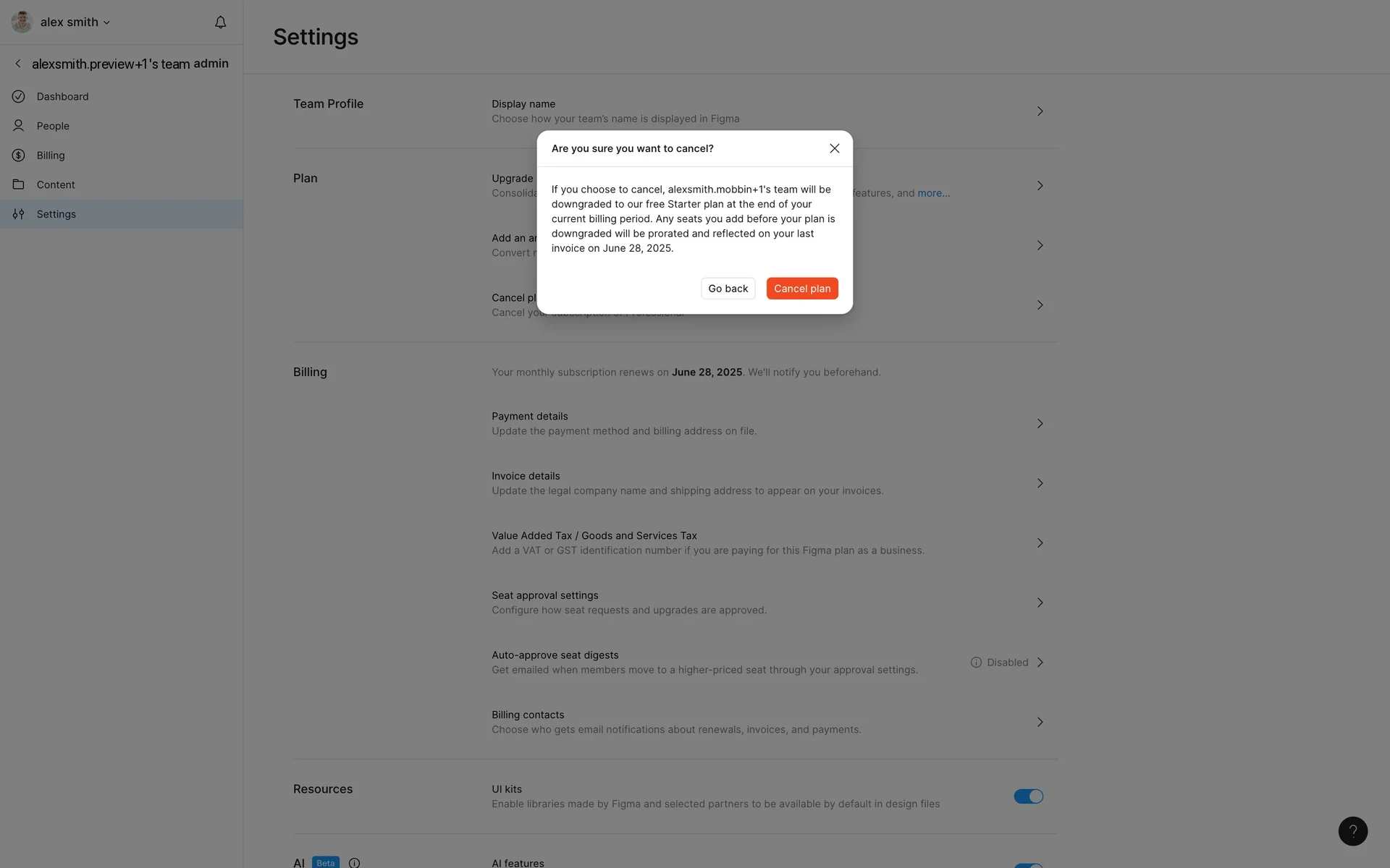 Figma "Are you sure you want to cancel?" confirmation modal stating the team will be downgraded to the free Starter plan at the end of the billing period, with Go back and a red Cancel plan button