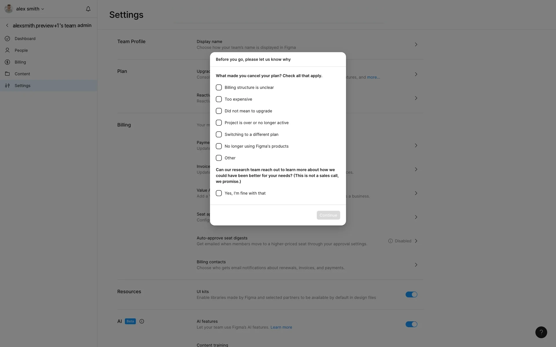 Figma cancellation reason survey titled "Before you go, please let us know why" with checkboxes for reasons like Too expensive and Switching to a different plan, plus a research-contact opt-in