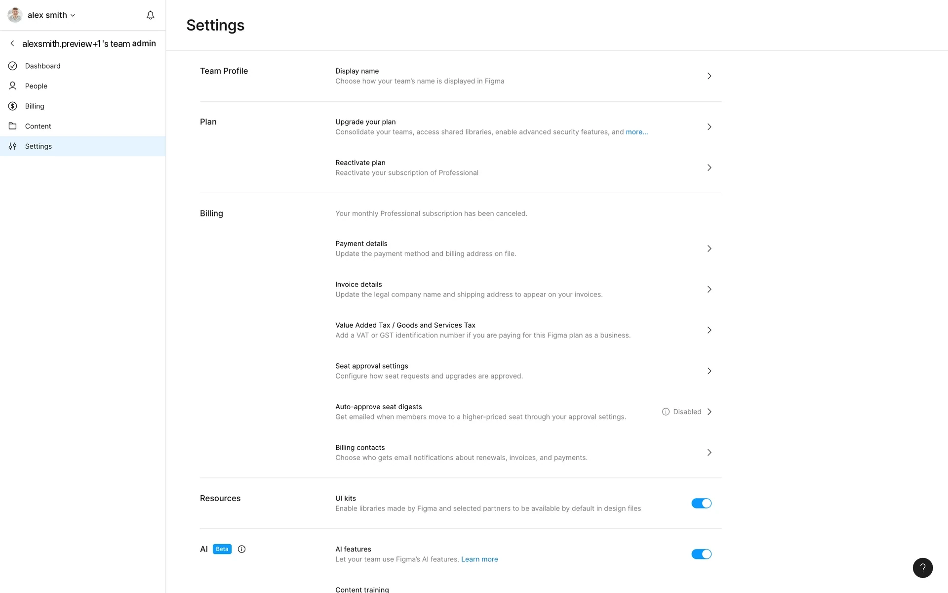 Figma Settings page after cancellation showing a Reactivate plan row and the Billing note "Your monthly Professional subscription has been canceled"