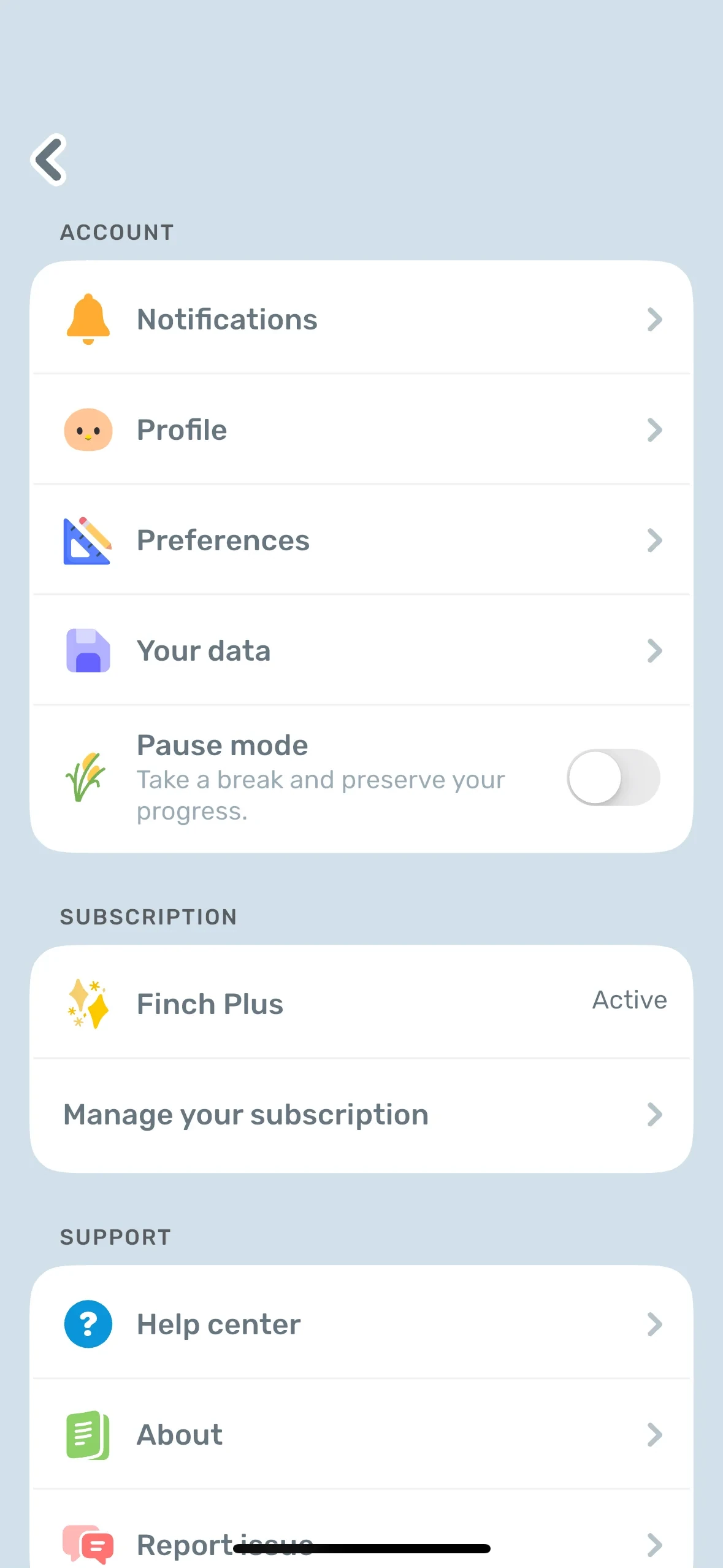 Finch settings screen with an ACCOUNT section (Notifications, Profile, Preferences, Your data, Pause mode toggle), a SUBSCRIPTION section showing Finch Plus as Active with a Manage your subscription row, and a SUPPORT section below