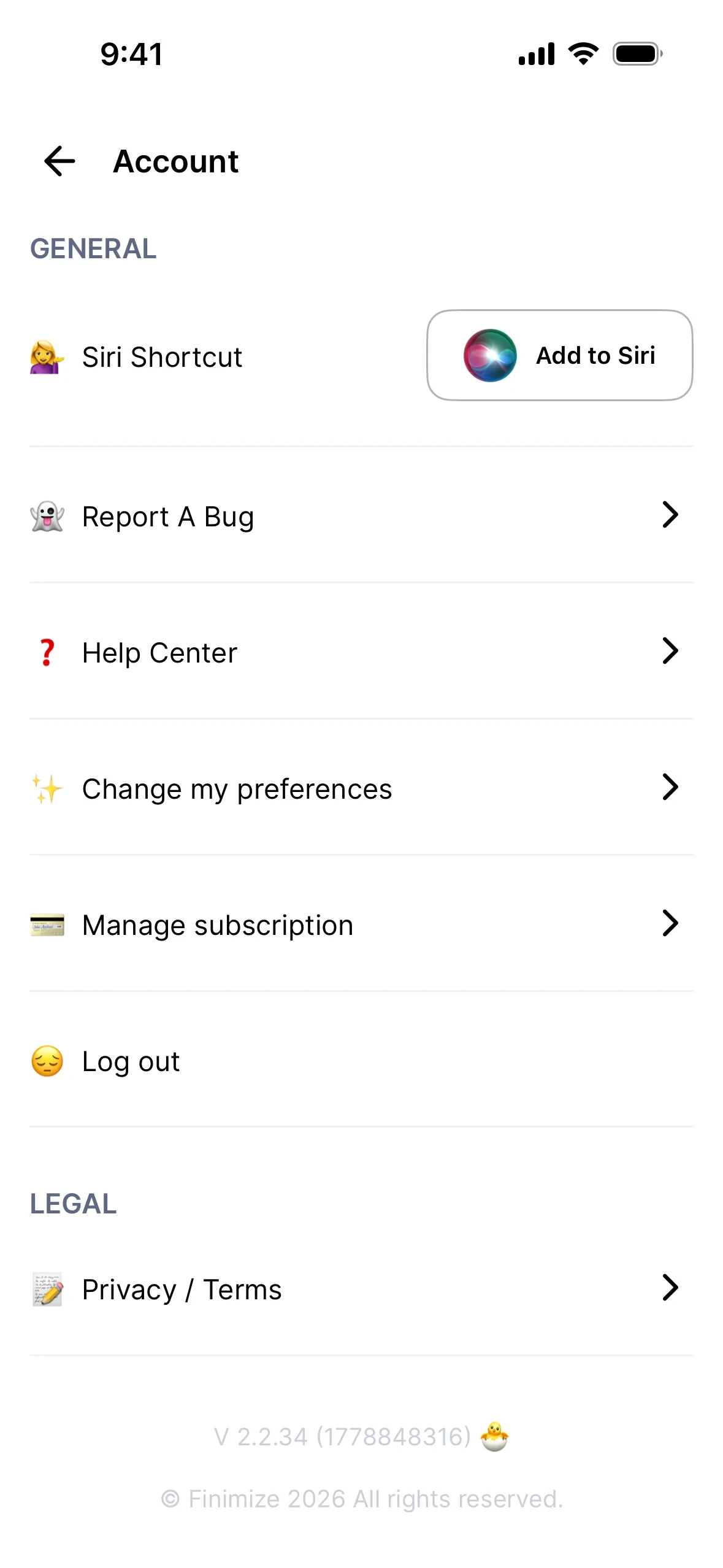 Finimize iOS Account screen under GENERAL listing Siri Shortcut, Report A Bug, Help Center, Change my preferences, Manage subscription with a credit-card icon, and Log out