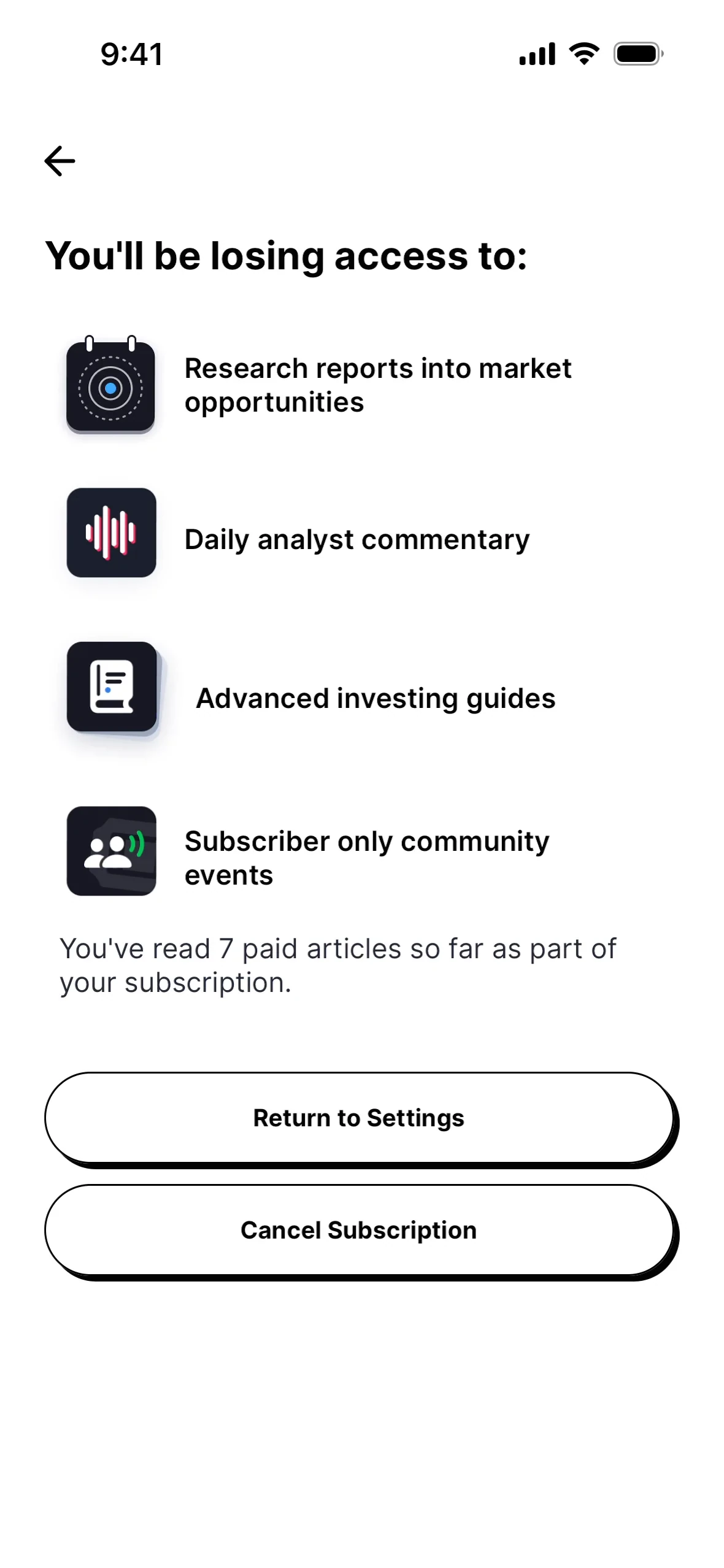Finimize retention screen titled You'll be losing access to with four Pro benefit rows, a you've-read-N-paid-articles line, Return to Settings, and Cancel Subscription buttons