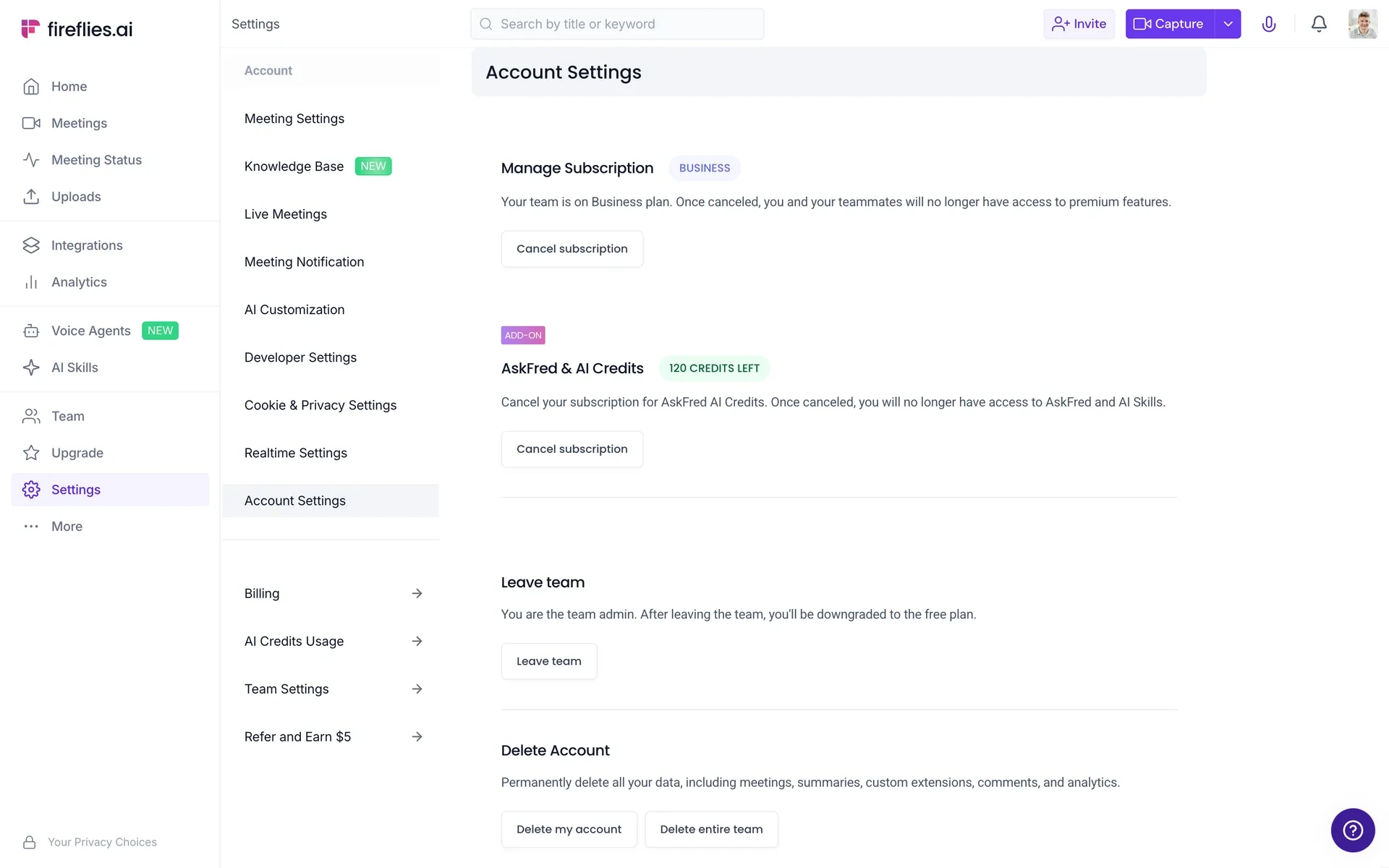 Fireflies Account Settings page showing Manage Subscription with a BUSINESS badge, a Cancel subscription button, a separate AskFred & AI Credits add-on, Leave team, and Delete Account sections