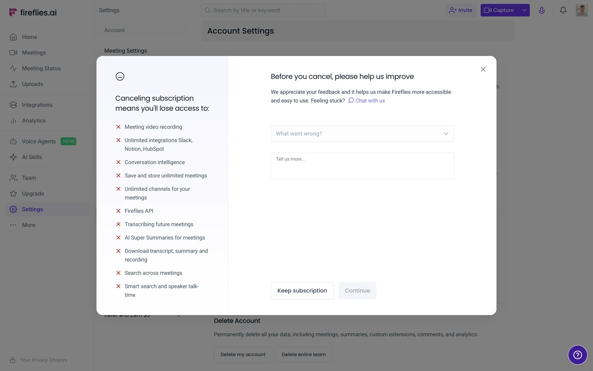 Before you cancel, please help us improve screen with a What went wrong? dropdown, a Tell us more text box, and Keep subscription and a disabled Continue button