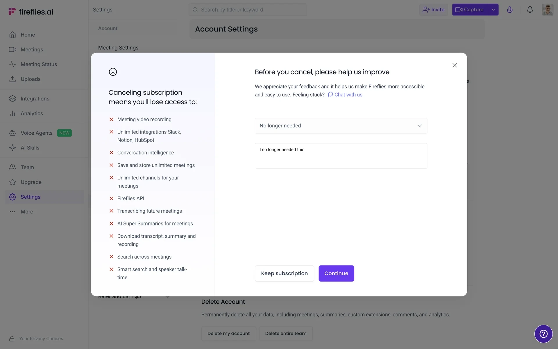 Cancellation survey with No longer needed selected in the dropdown, the reason filled into the text box, and the Continue button now active in purple