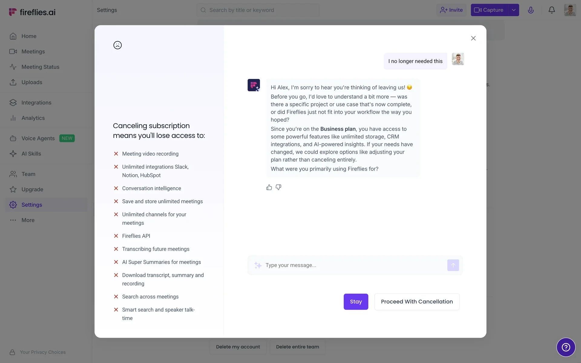 AskFred retention chat saying it is sorry to hear you are leaving and asking what you used Fireflies for, with Stay and Proceed With Cancellation buttons at the bottom