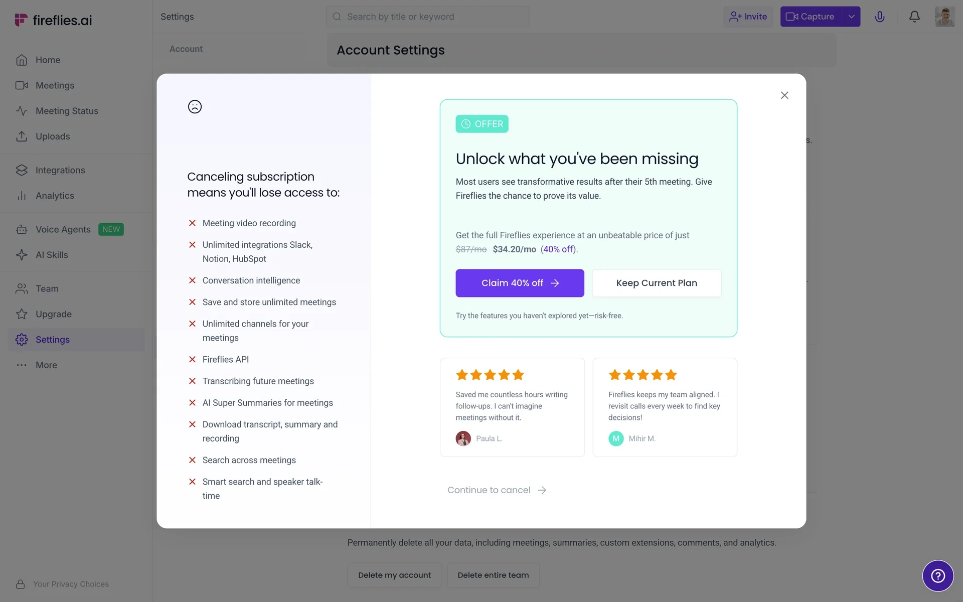 Unlock what you have been missing offer card showing 40% off at $34.20/mo with five-star testimonials, a Claim 40% off button, Keep Current Plan button, and a Continue to cancel link