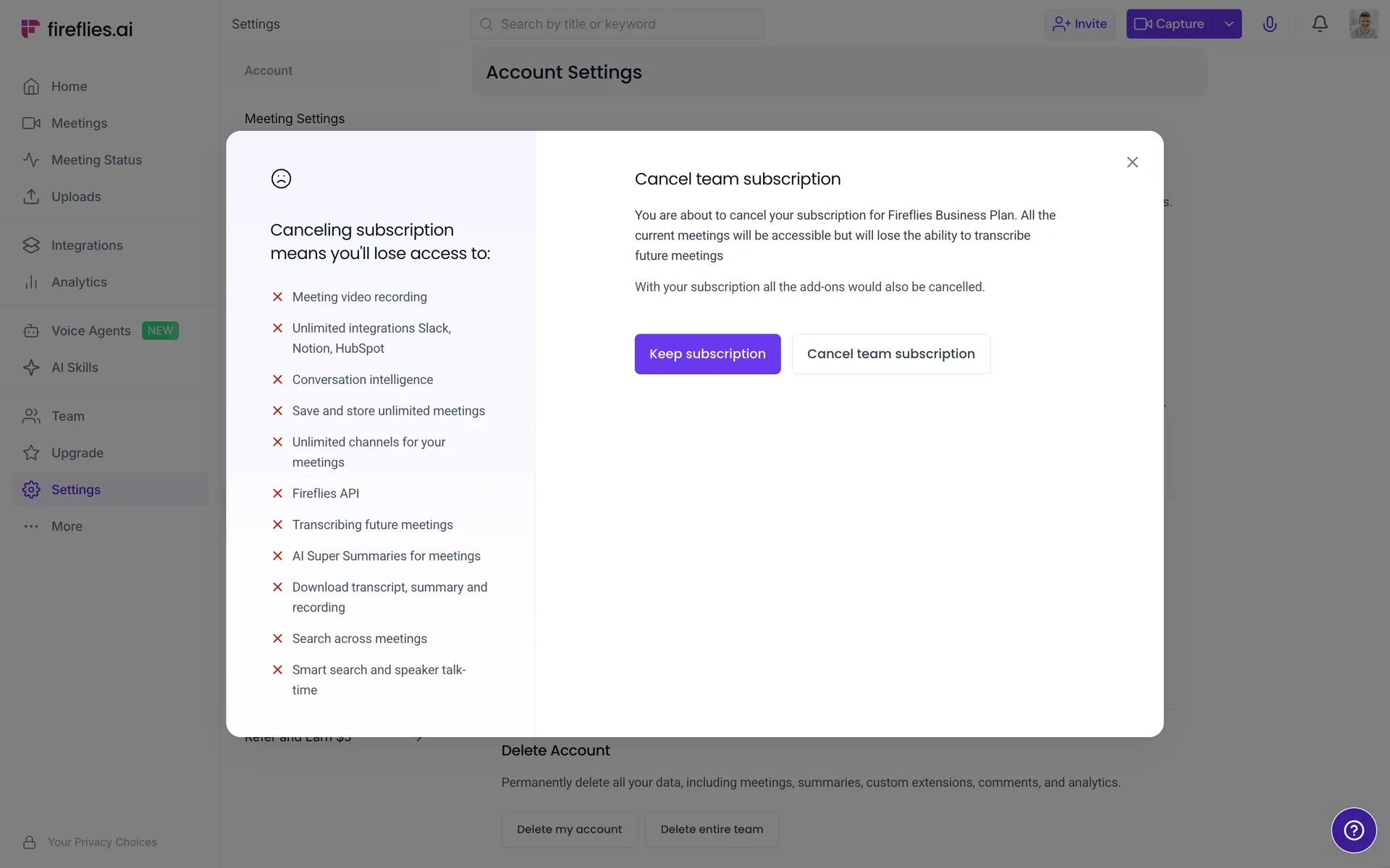 Cancel team subscription confirmation explaining current meetings stay accessible but future transcription is lost and add-ons are cancelled, with Keep subscription and Cancel team subscription buttons